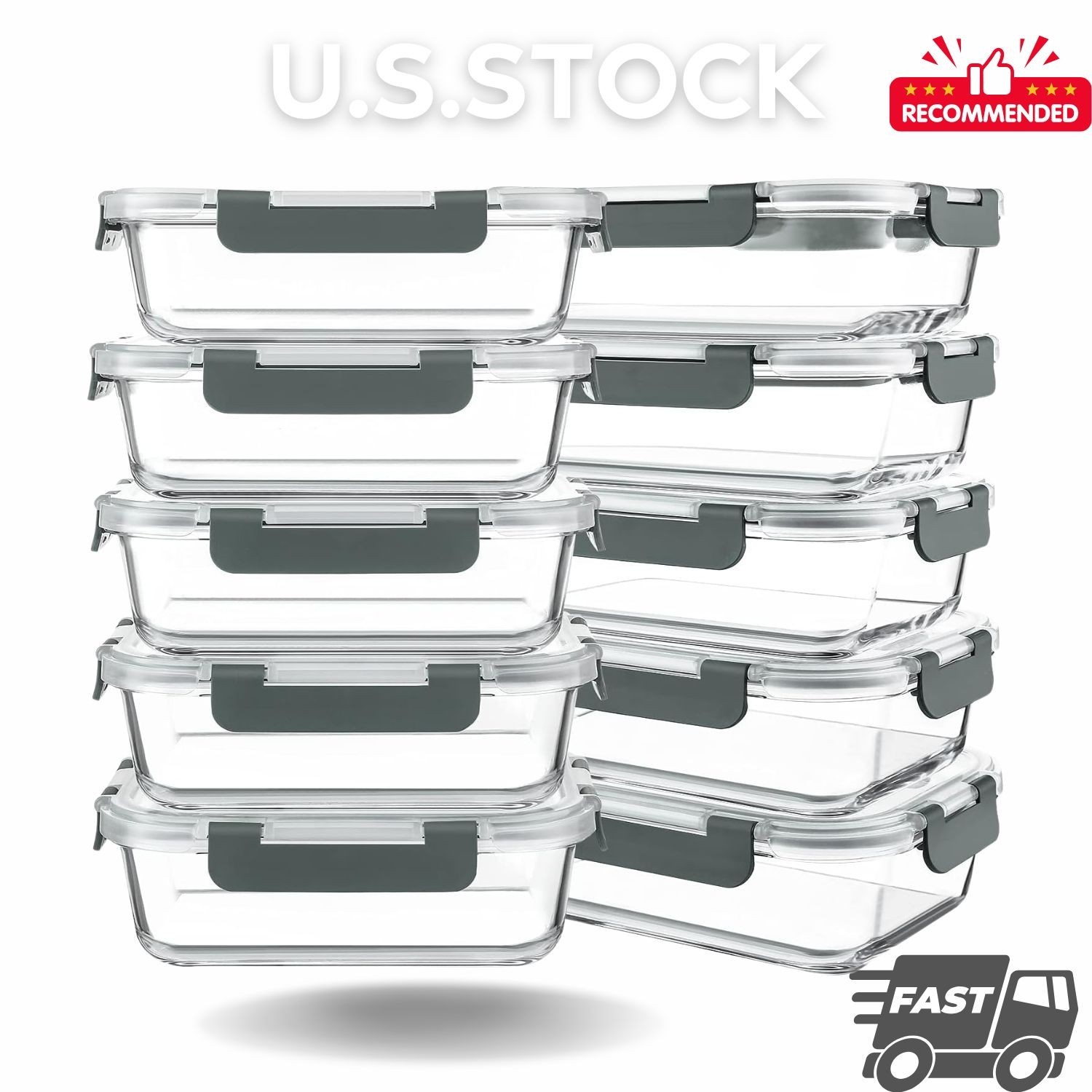 NEW 10 Pack 30 oz Glass Meal Prep Containers Airtight Lunch Boxes Gray