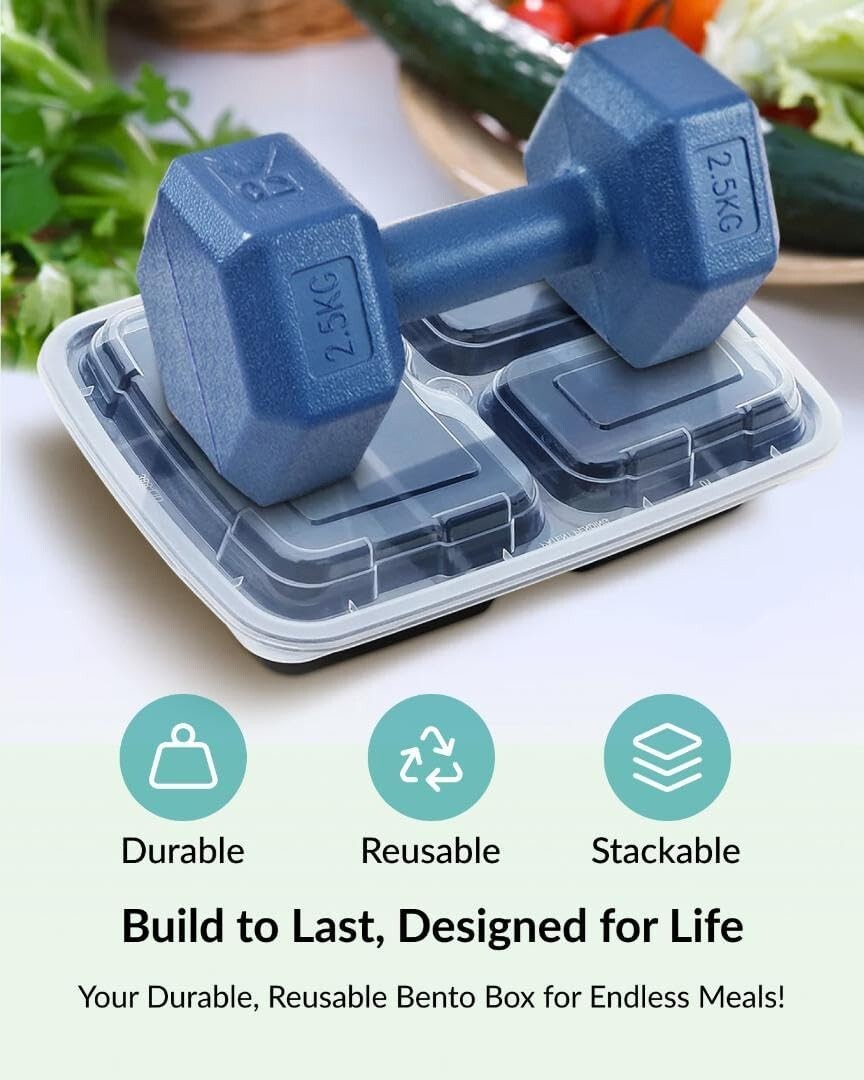 Durable 12 Pack 3-Compartment Meal Prep Containers – Microwave & Dishwasher Safe