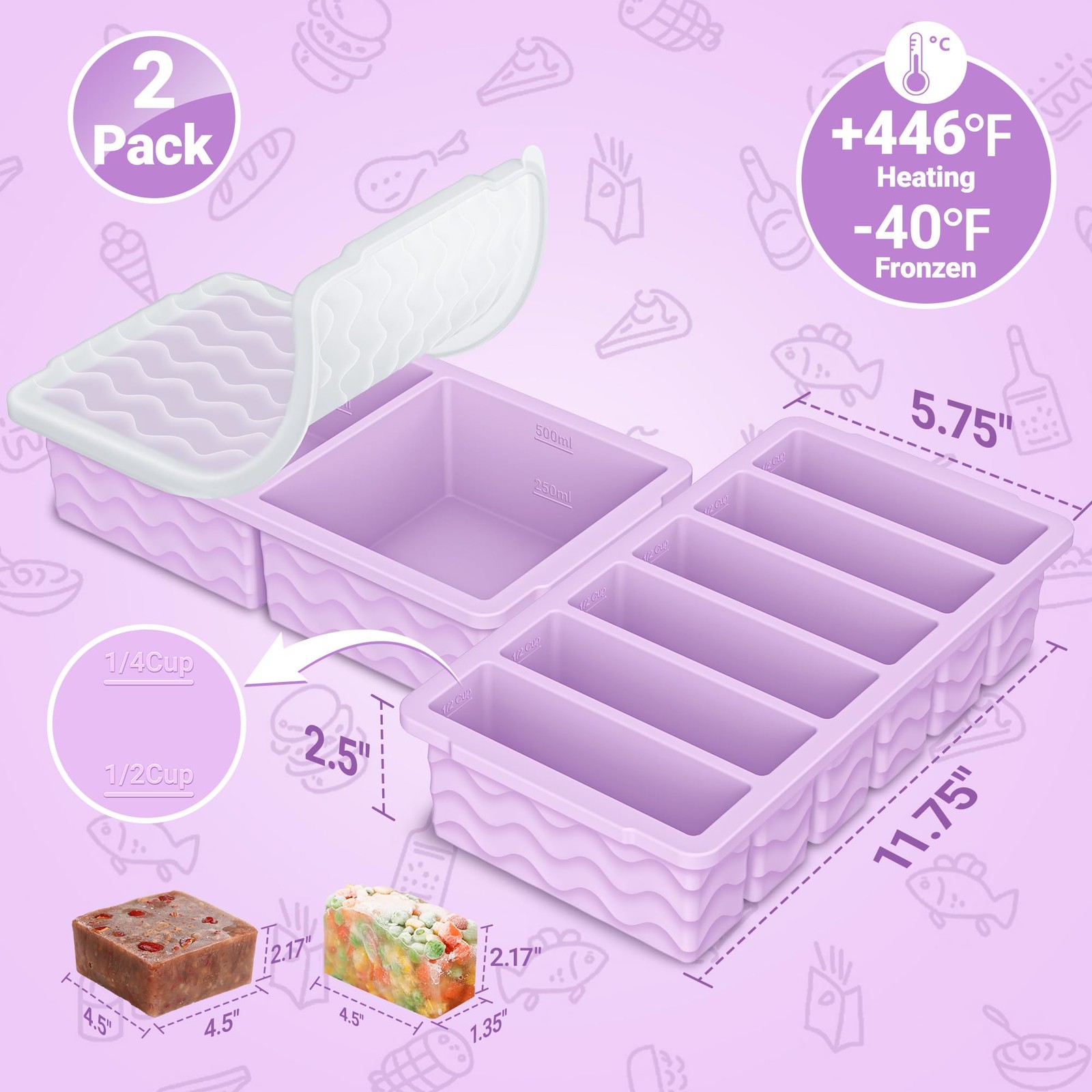 Silicone Freezer Tray 2 Pack BPA Free Food Storage Molds Meal Prep Soup Stews
