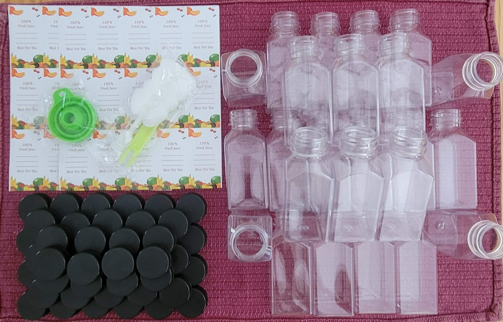 48pcs 8oz Clear Juice Bottles with Caps Reusable Empty labels funnel clean tool