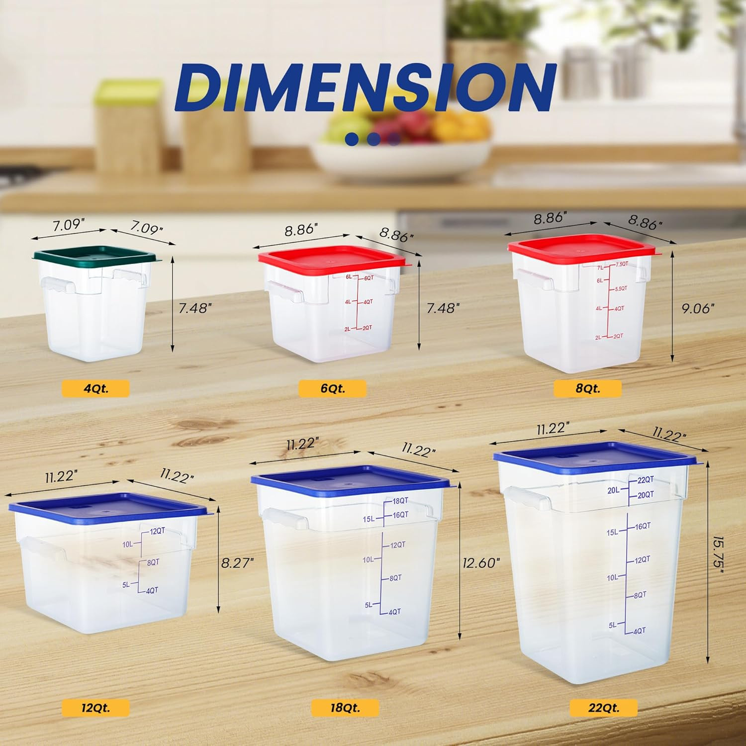 4 Pack 22 Quart Food Storage Containers with Lids, Polycarbonate Square Commerci