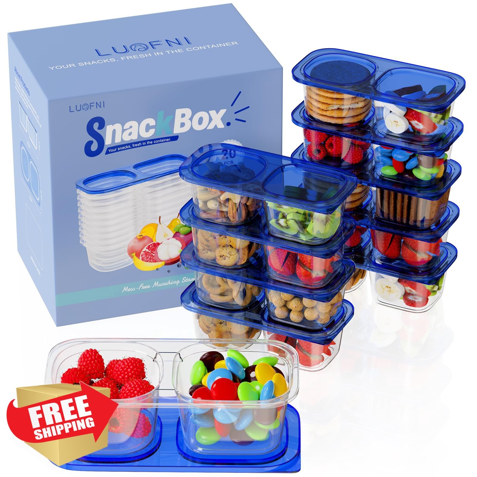 LUOFNI 10pk Navy Blue 2-Compartment Snack Containers