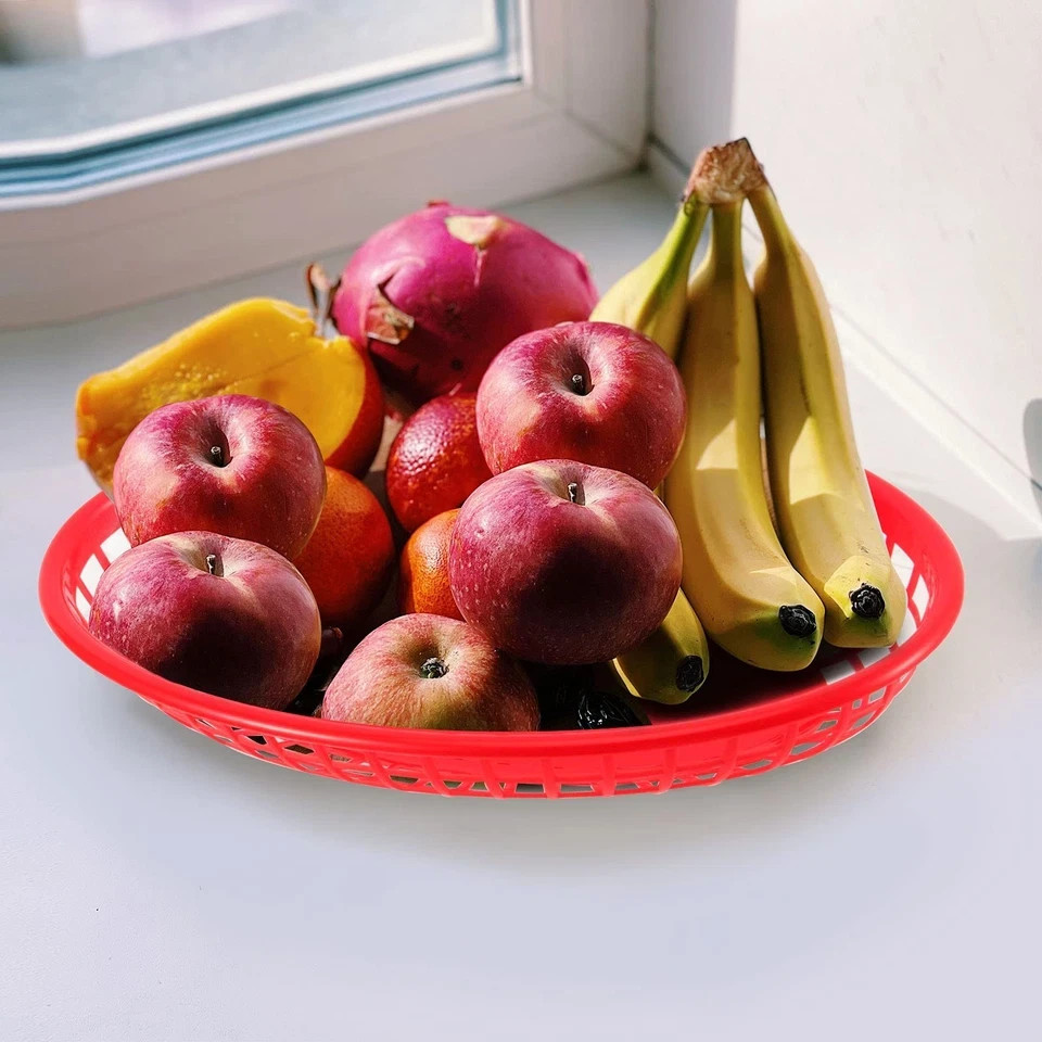 60 Pack Oval Fast Food Baskets 9 x 5.6 Inch Red Plastic Serving Baskets for B…