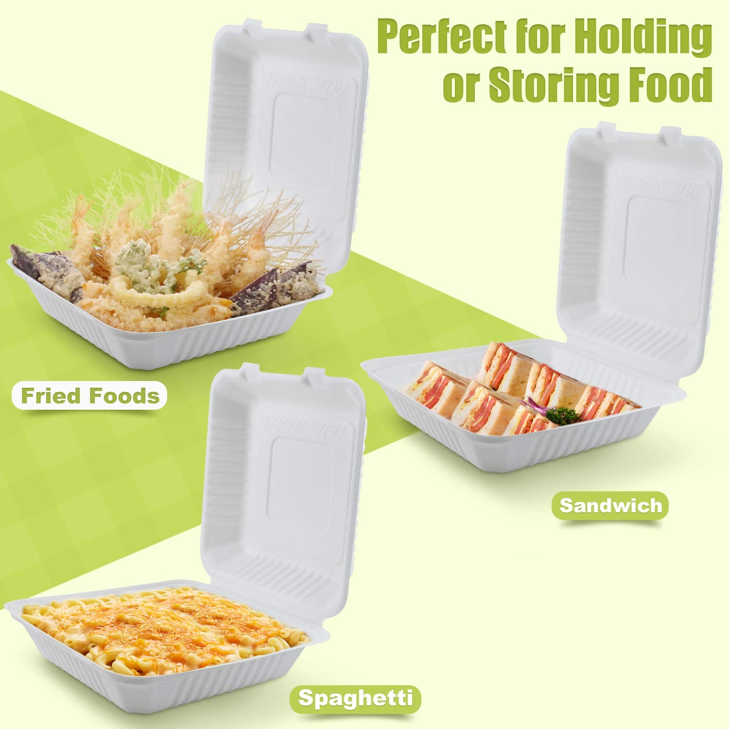 200 Count 1-Compartment Bagasse Clamshell Food Boxes Compostable Takeout Party