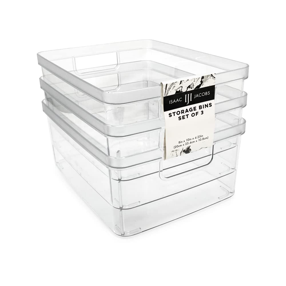 Isaac Jacobs 3-Pack Medium Clear Storage Bins (8” L x 10” W x 4.25” H) w/Cuto…