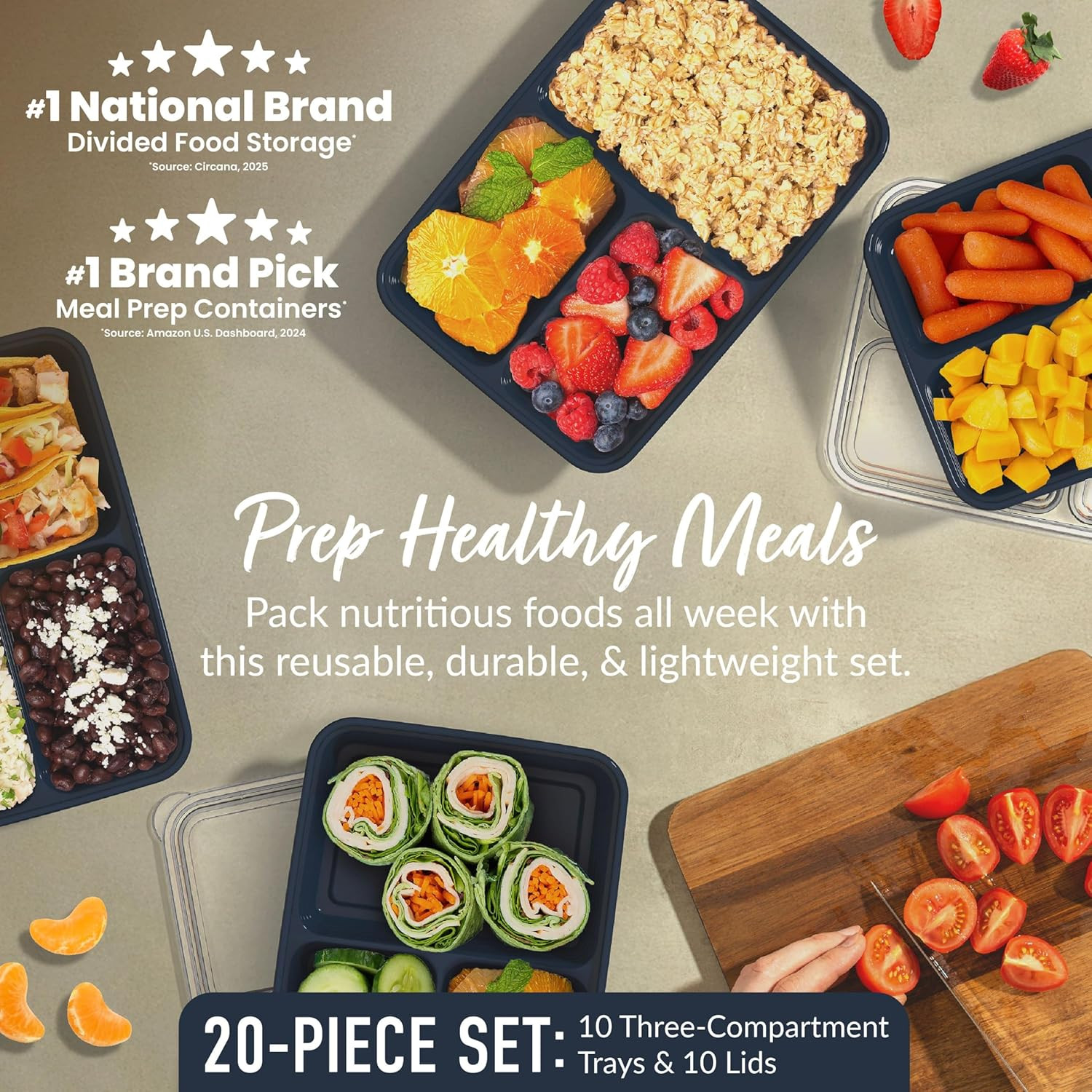 Prep – 20-Piece 3-Compartment Reusable Meal Prep Containers with Lids, PFAS & BP