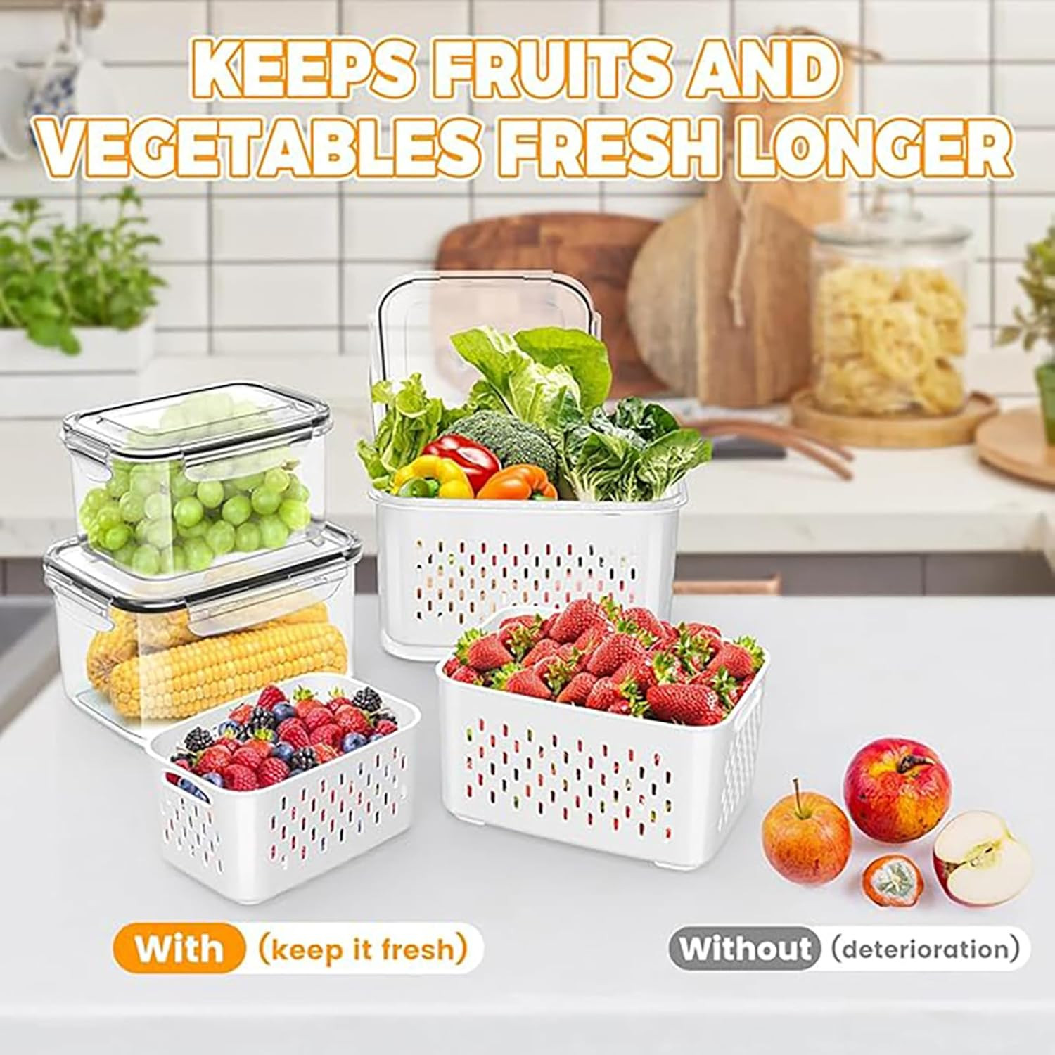 3Pcs 4 in 1 Fruit Containers for Fridge with Removable Colanders and Lids, Airti