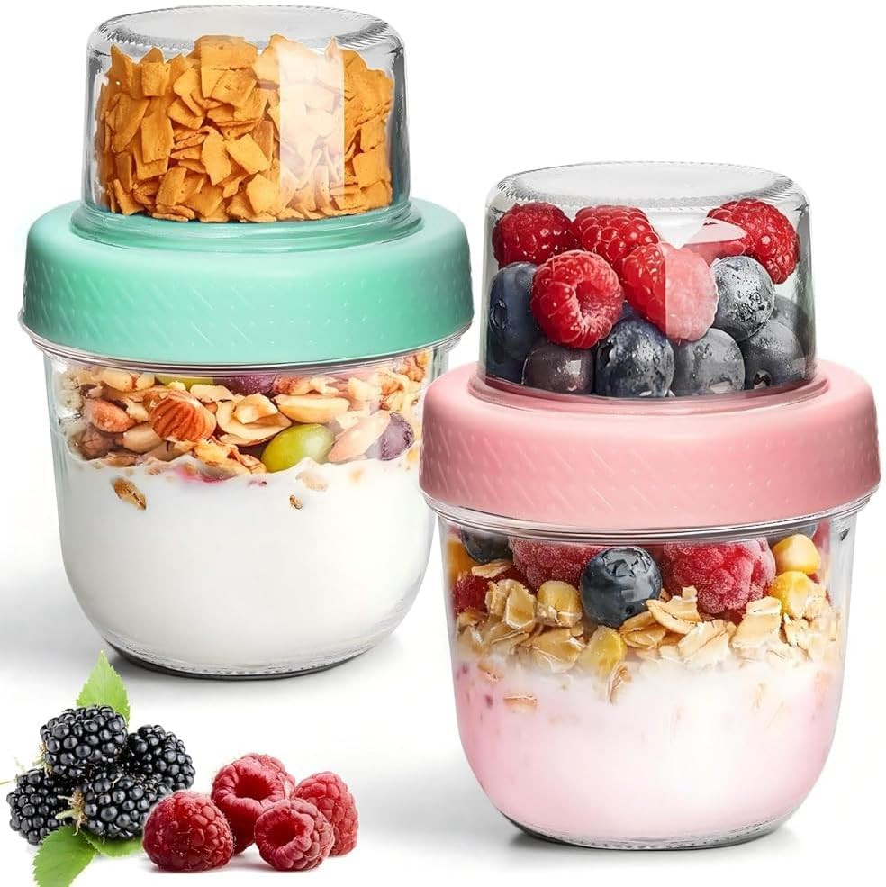 ComSaf Overnight Oats Containers with Lids (8oz+4oz, 2Pcs), Glass Yogurt Parfait