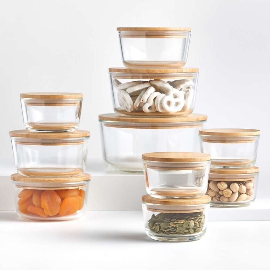 Crate & Barrel 20-Piece Round Glass Food Storage Set with Bamboo Lids