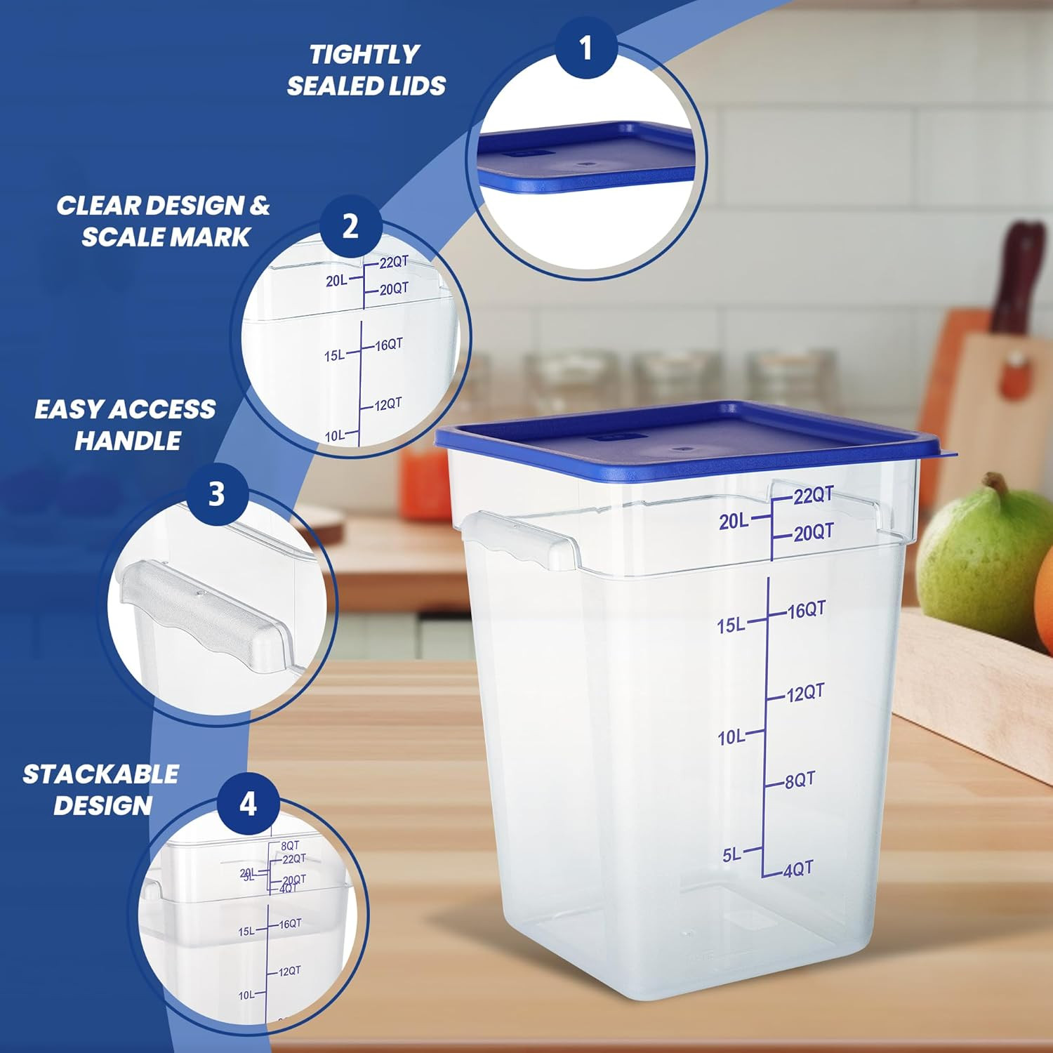 4 Pack 22 Quart Food Storage Containers with Lids, Polycarbonate Square Commerci