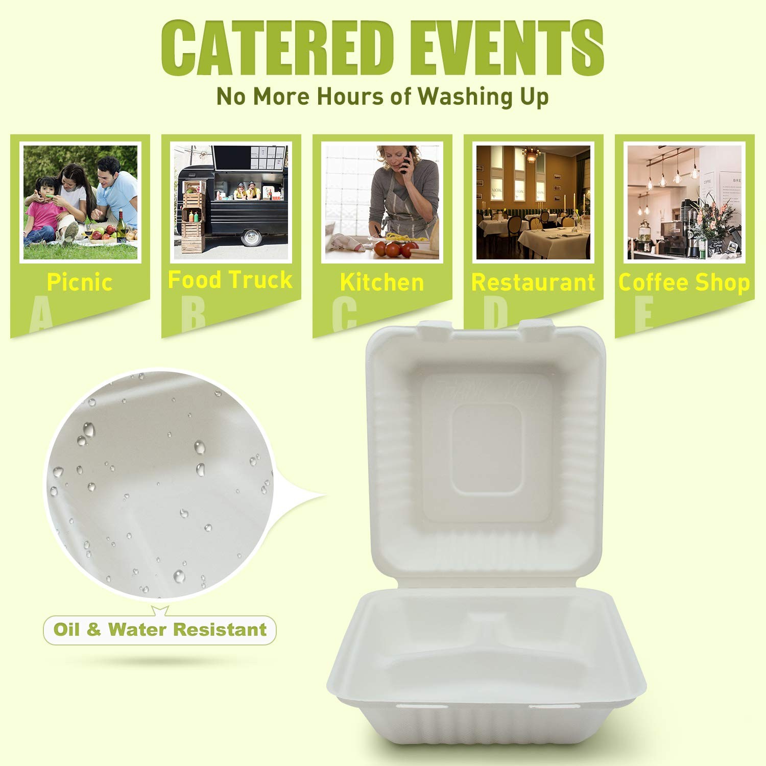 200 Count 8 Inch 3-Compartment Compostable Bagasse Clamshell To Go Food Boxes