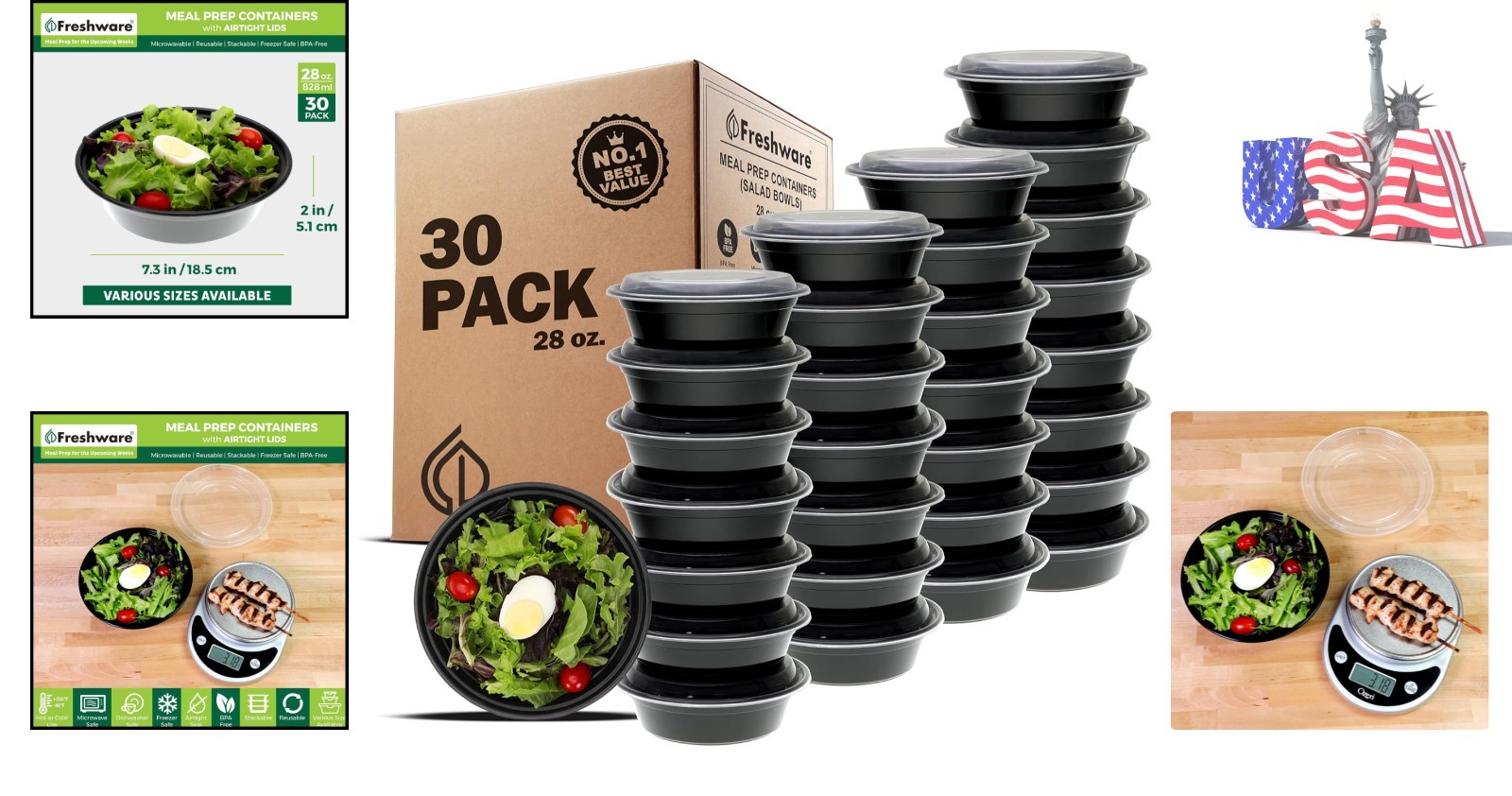28 oz Meal Prep Bowl Containers | 30 Pack for Healthy Meals On-The-Go