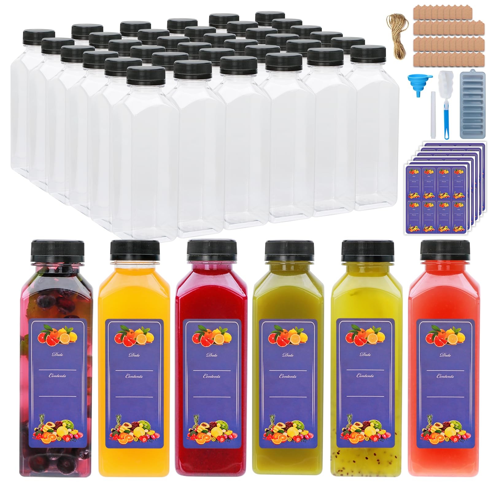 42 PCS 16oz Plastic Juice Bottles With Tamper Proof Lids Reusable Containers