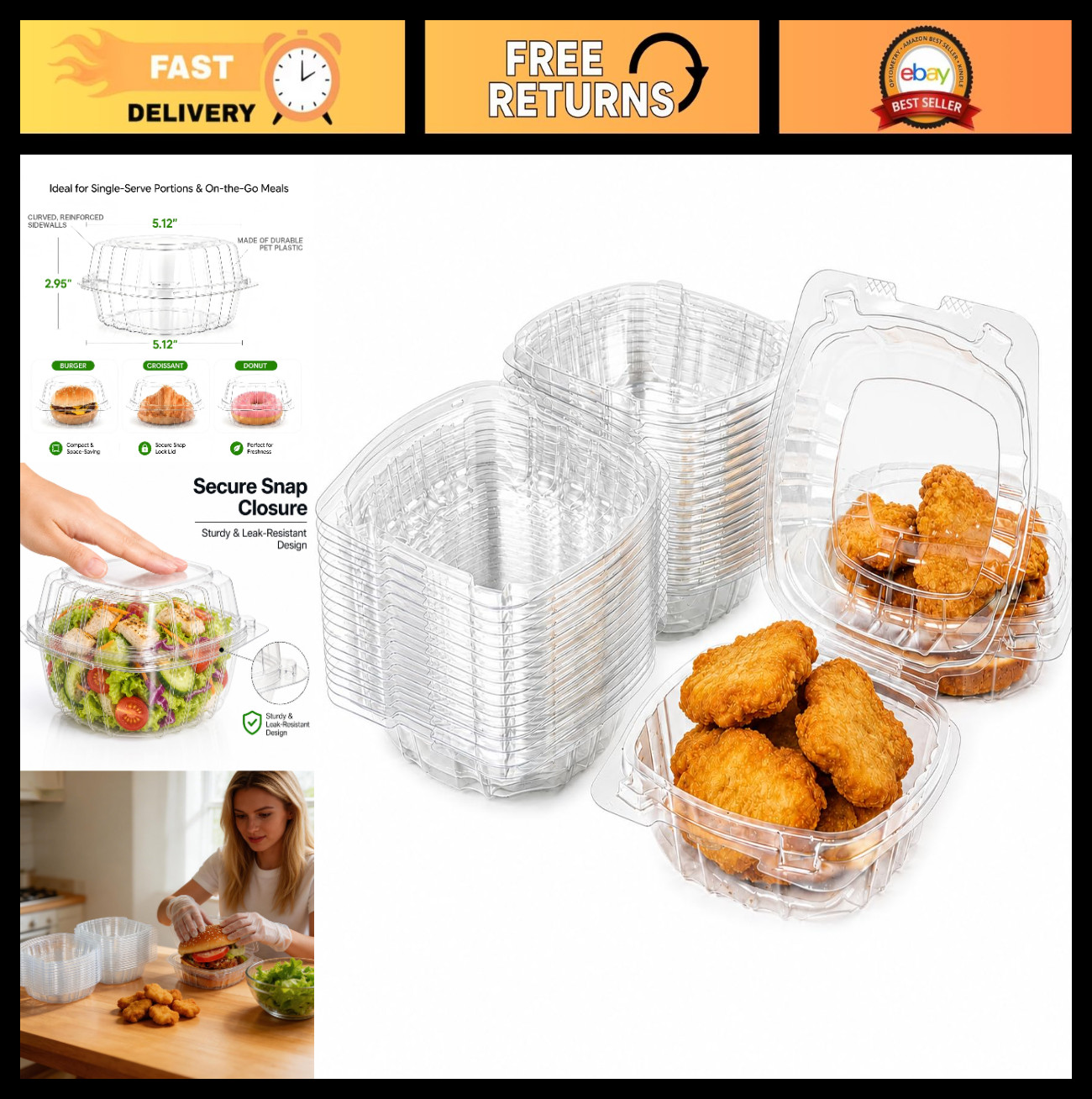 100 Pack Clear Hinged Food Containers 6×6″ Disposable Clamshell Takeout Boxes fo