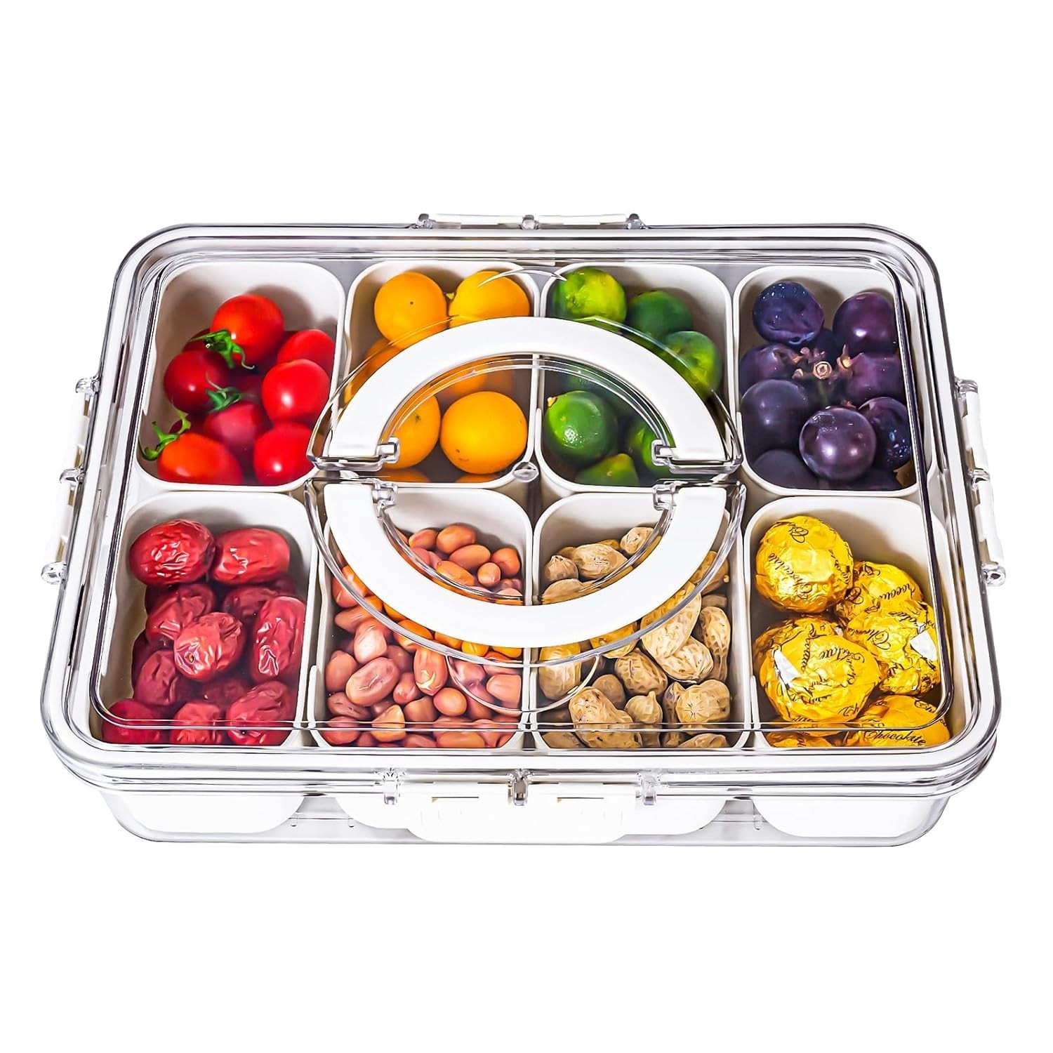 Multi-compartment Snack Tray with Lid & Handle, 1 Count Transparent Divided Food