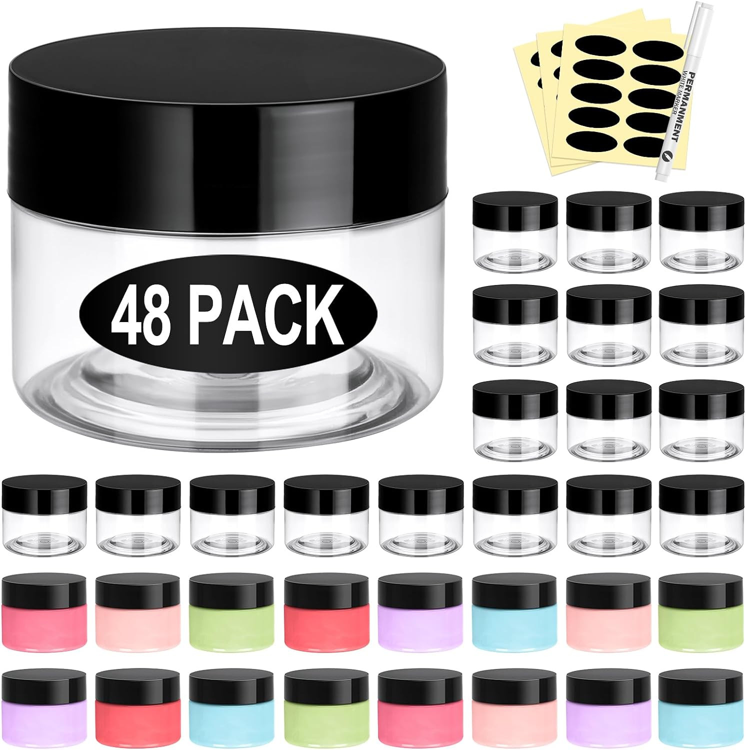 48 Pack Plastic Jars with Lids 2 OZ – Empty Clear Cosmetics Containers with Pen