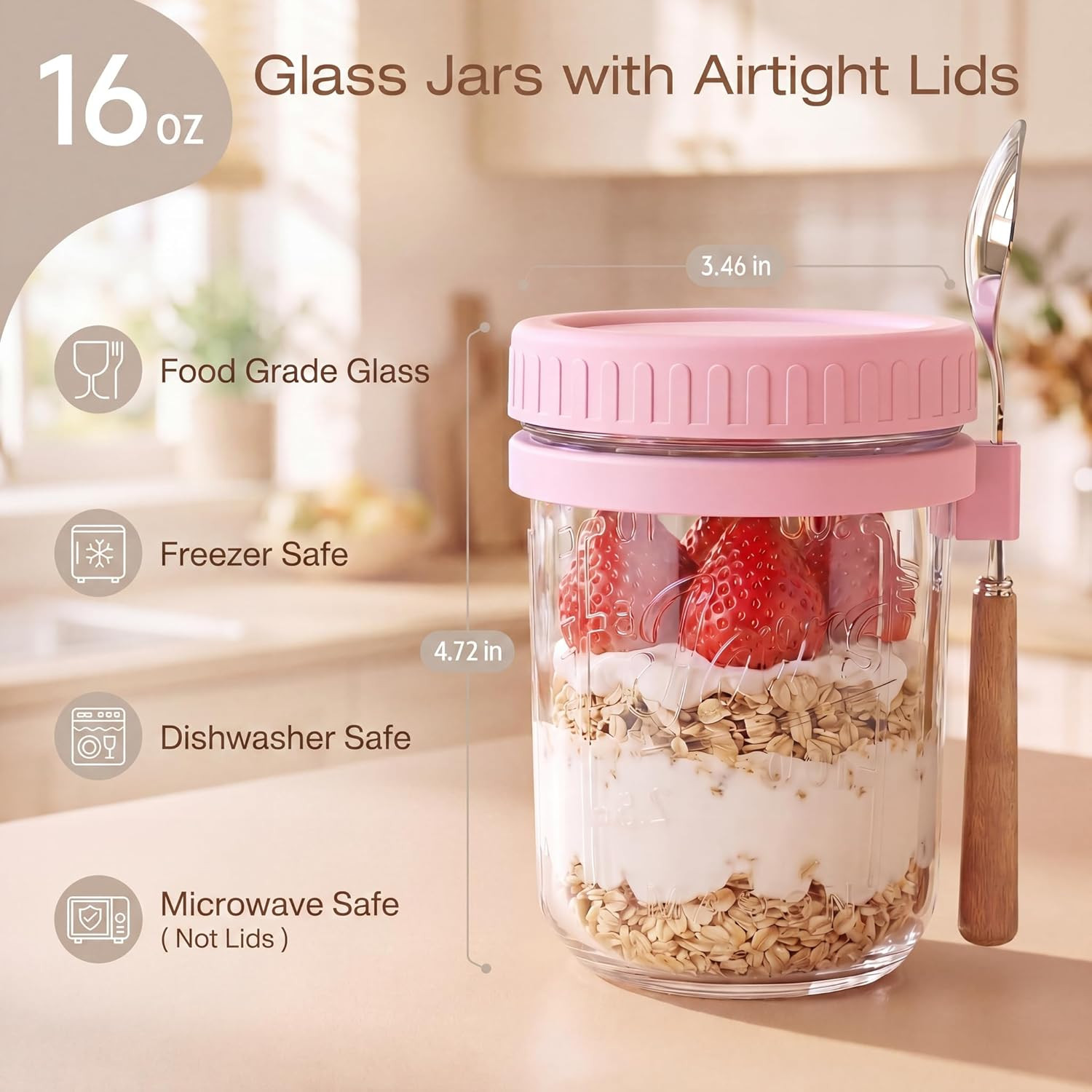 Glass Overnight Oats Containers with Lids and Spoon, 16Oz Wide Mouth Mason Jars