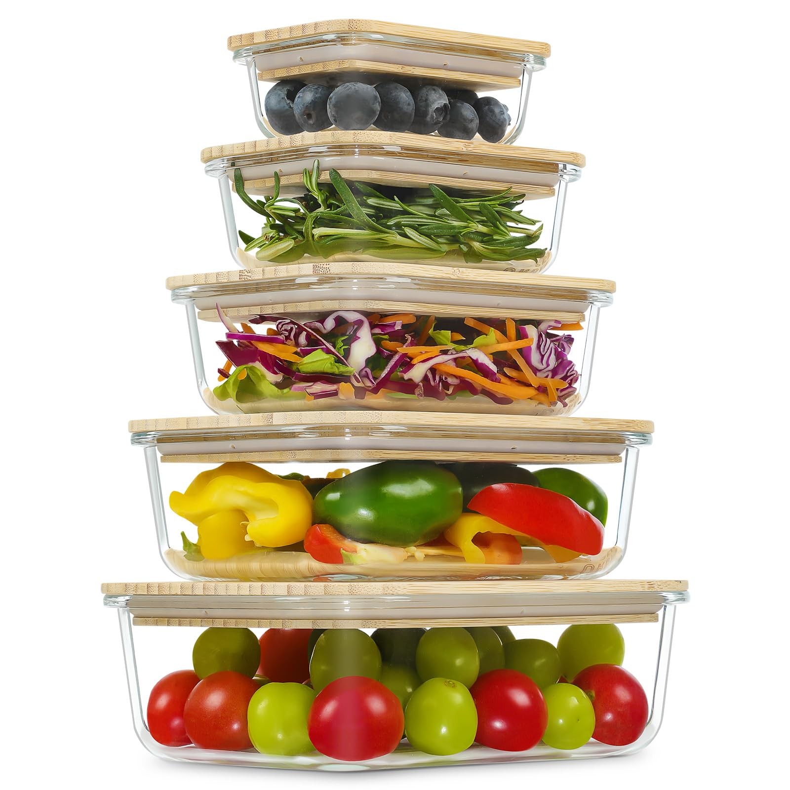 Glass Bamboo Lids Meal Prep Containers Food Storage 5 Pack Pantry Kitchen Fridge