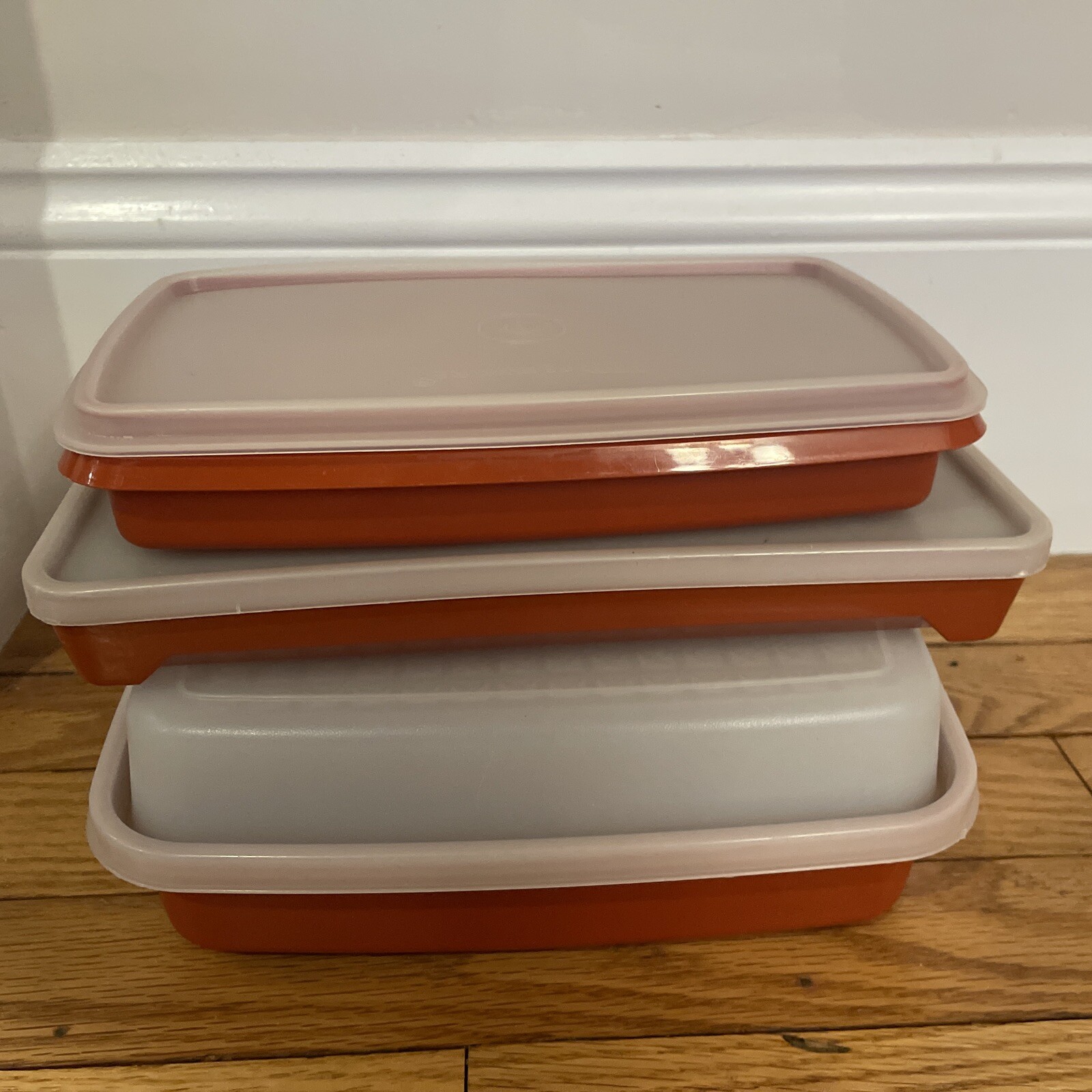Vtg 6 Pc Lot Tupperware Orange Rectangle w/Clear Lids Meat Keeper Storage Retro