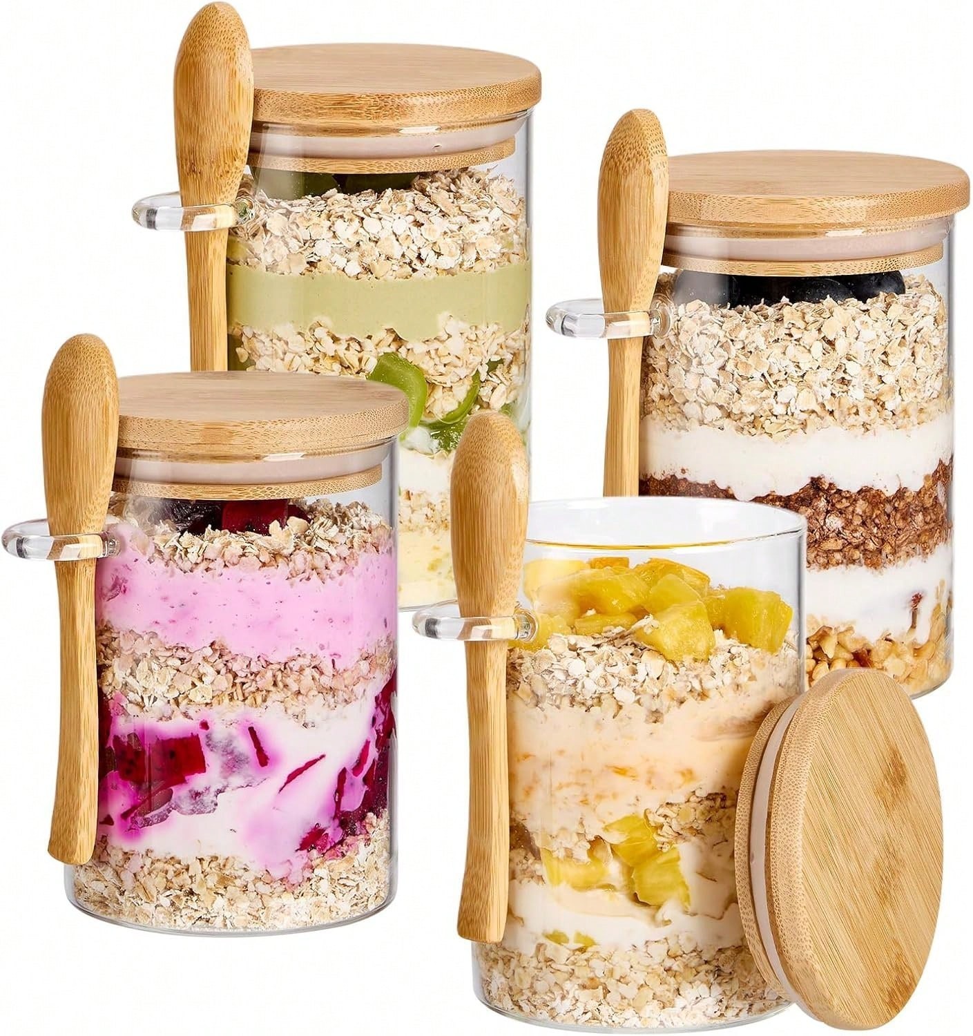 New Elegant Overnight Oats Jars 4 Pack 18oz Bamboo Lid Meal Prep Containers