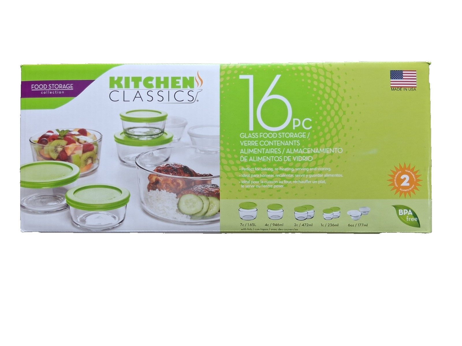 Kitchen Classics 16-Piece Glass Food Storage Bowls with Green Lids, NEW