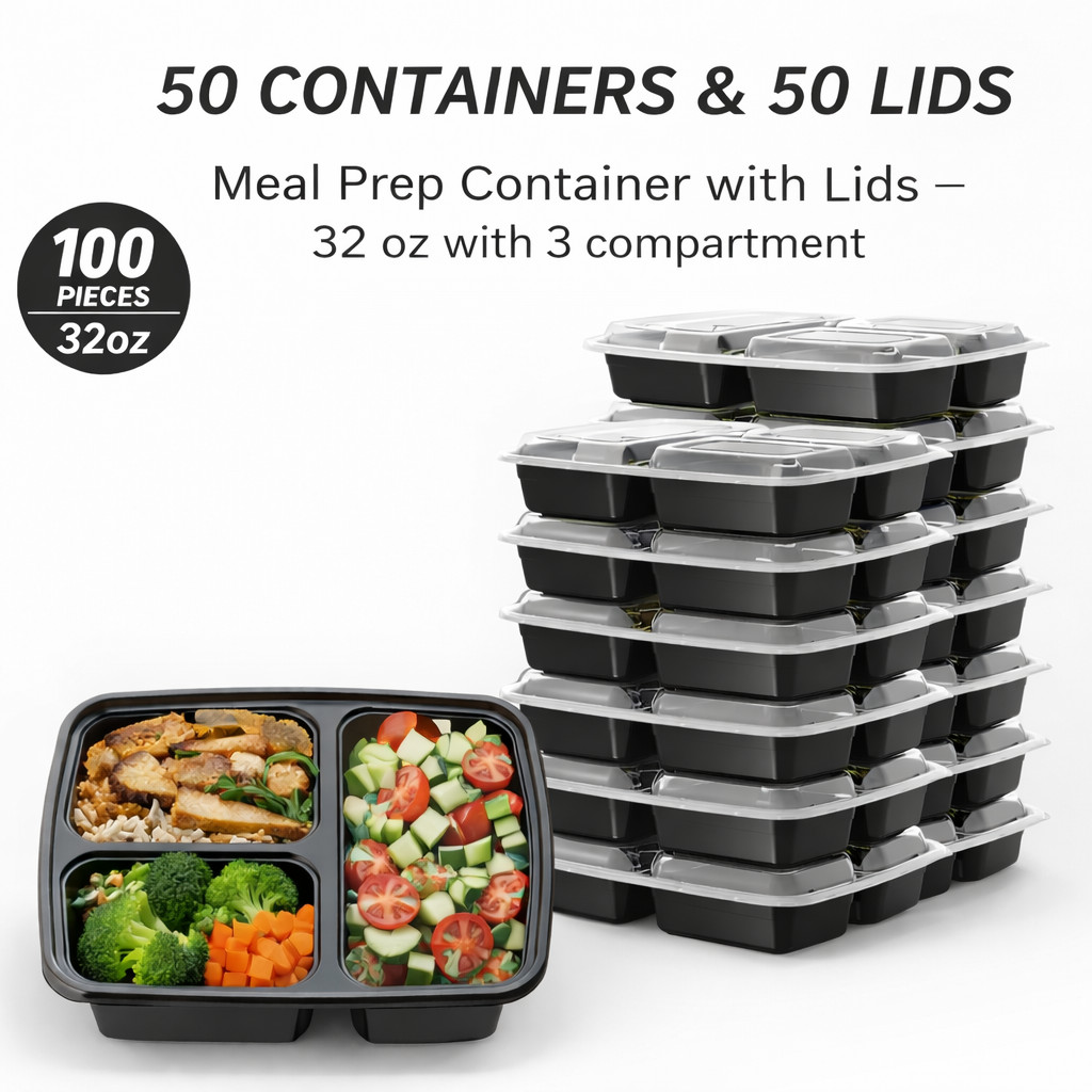 50 Pack 32oz Meal Prep Containers 3 Compartment Leakproof Microwave Freezer Safe