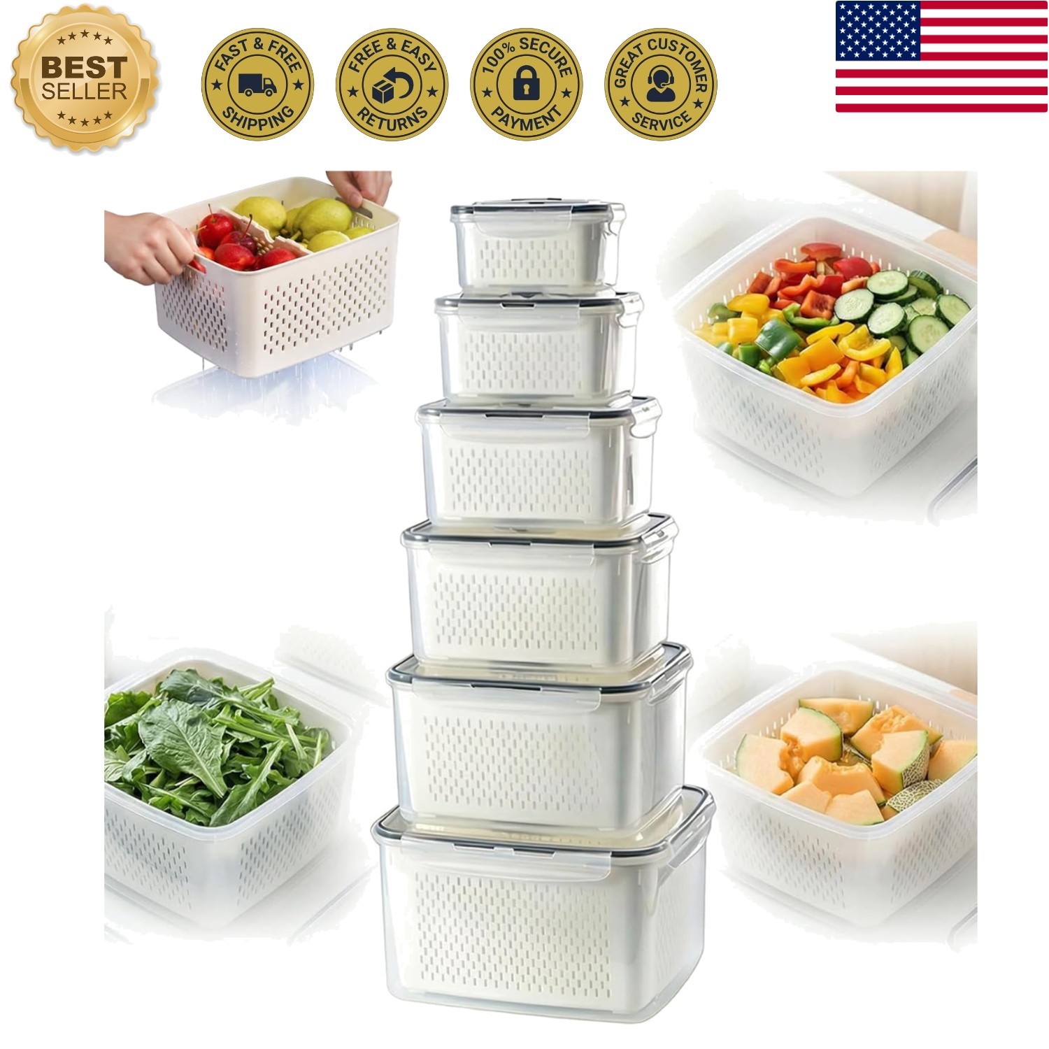 Produce Storage Containers Set with Drain Basket & Lid – Stackable Fridge Org…
