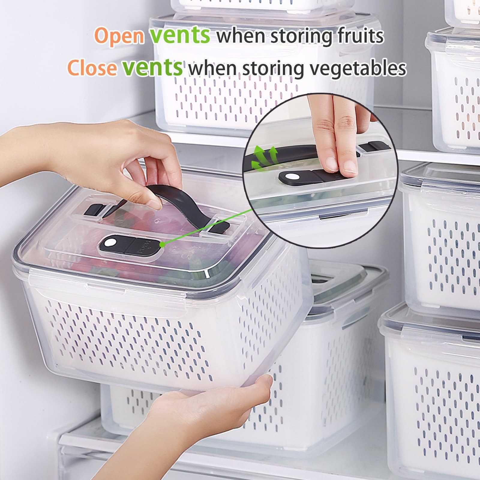 Fridge Fruit Vegetable Storage Containers 5 Sizes Colander Vent Lids Keep Fresh