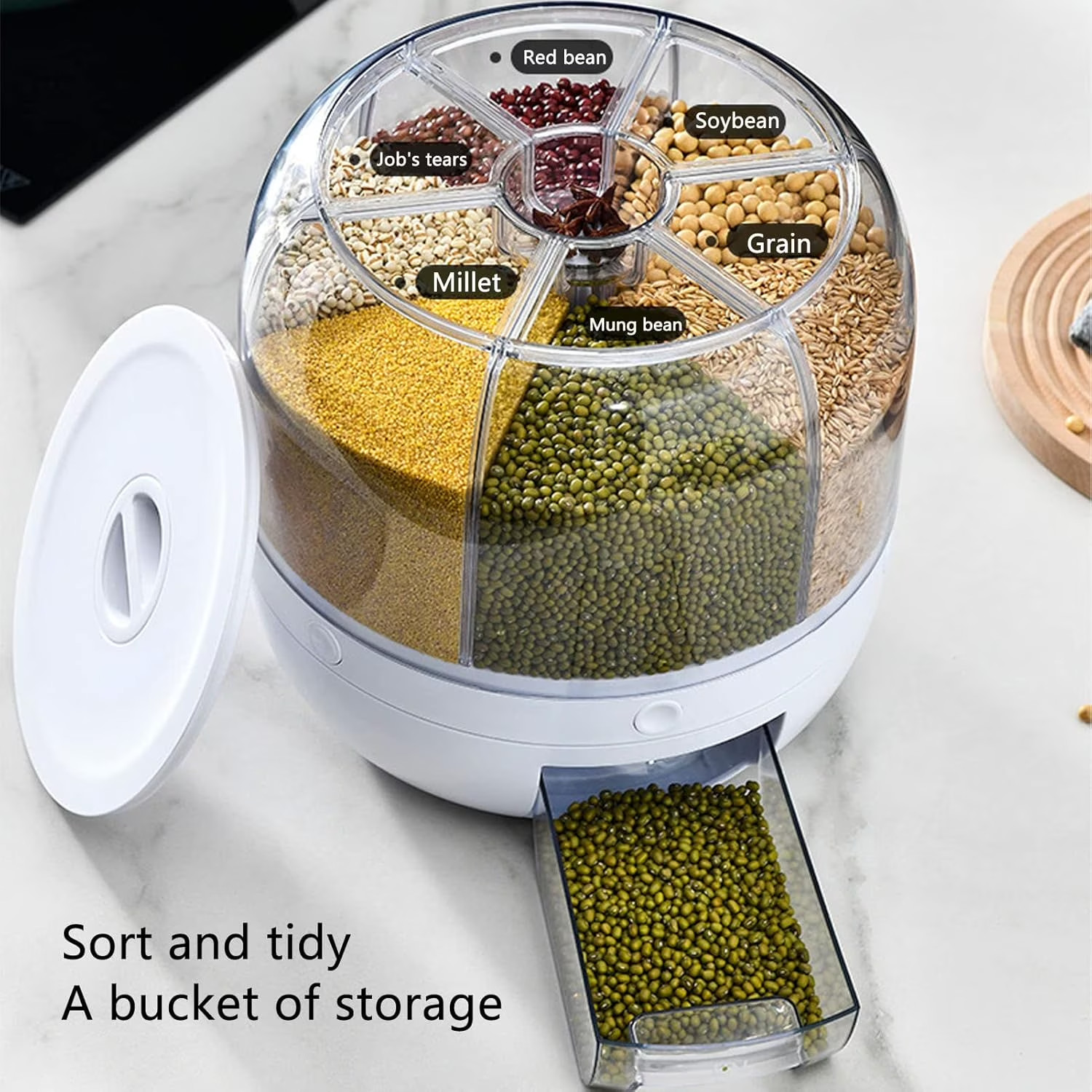 6 Grid Rotating Rice Container Cereal Grain Dispenser Airtight Dry Food Storage