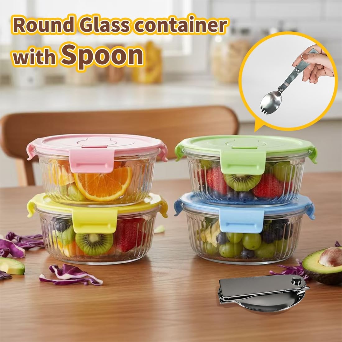 12oz Round Glass Food Storage Containers with Lids and Foldable Cutlery, 1.5 …