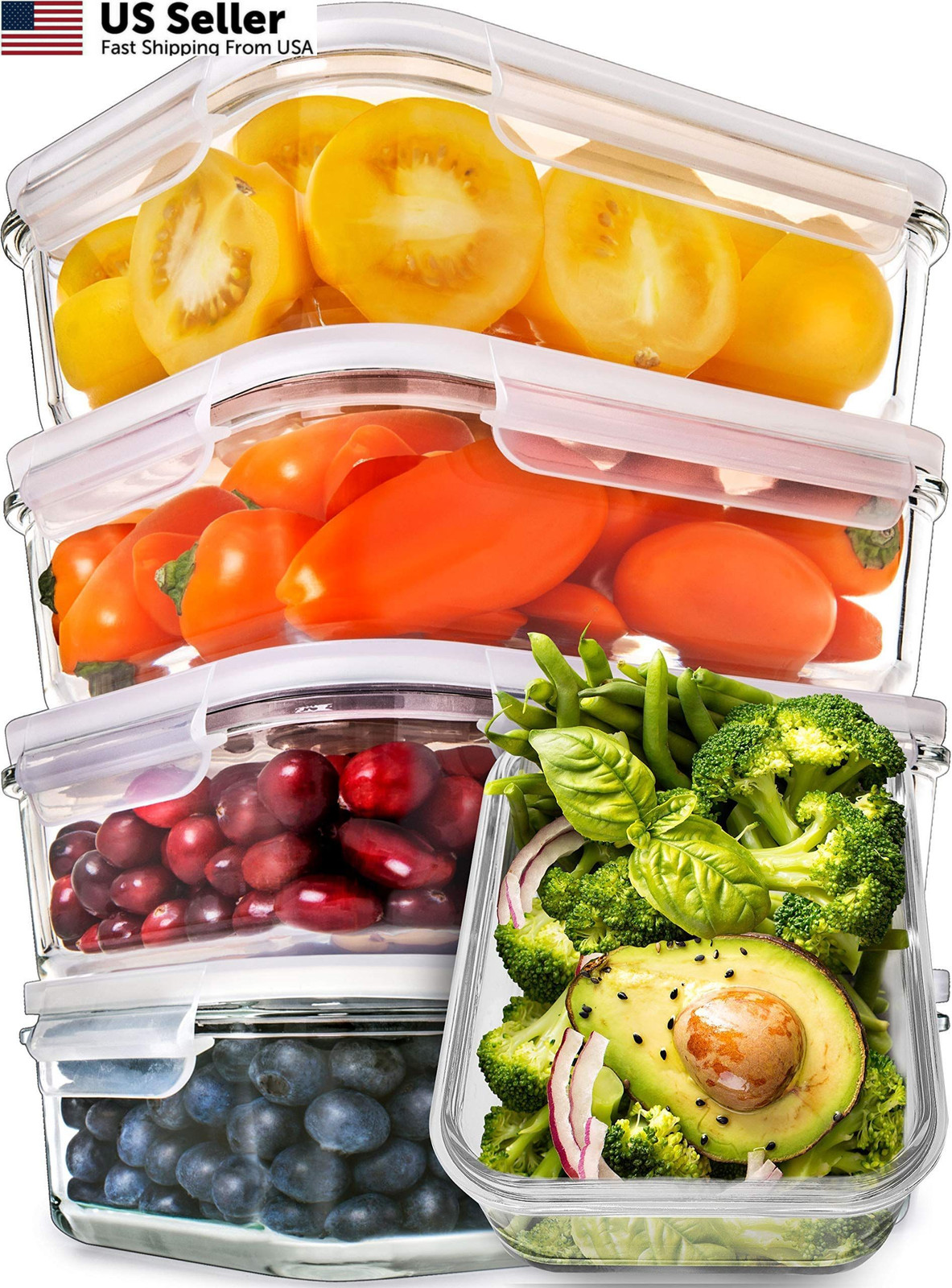 PrepNaturals 5 Pack 30 Oz Glass Meal Prep Containers – 5 – 30oz, Clear