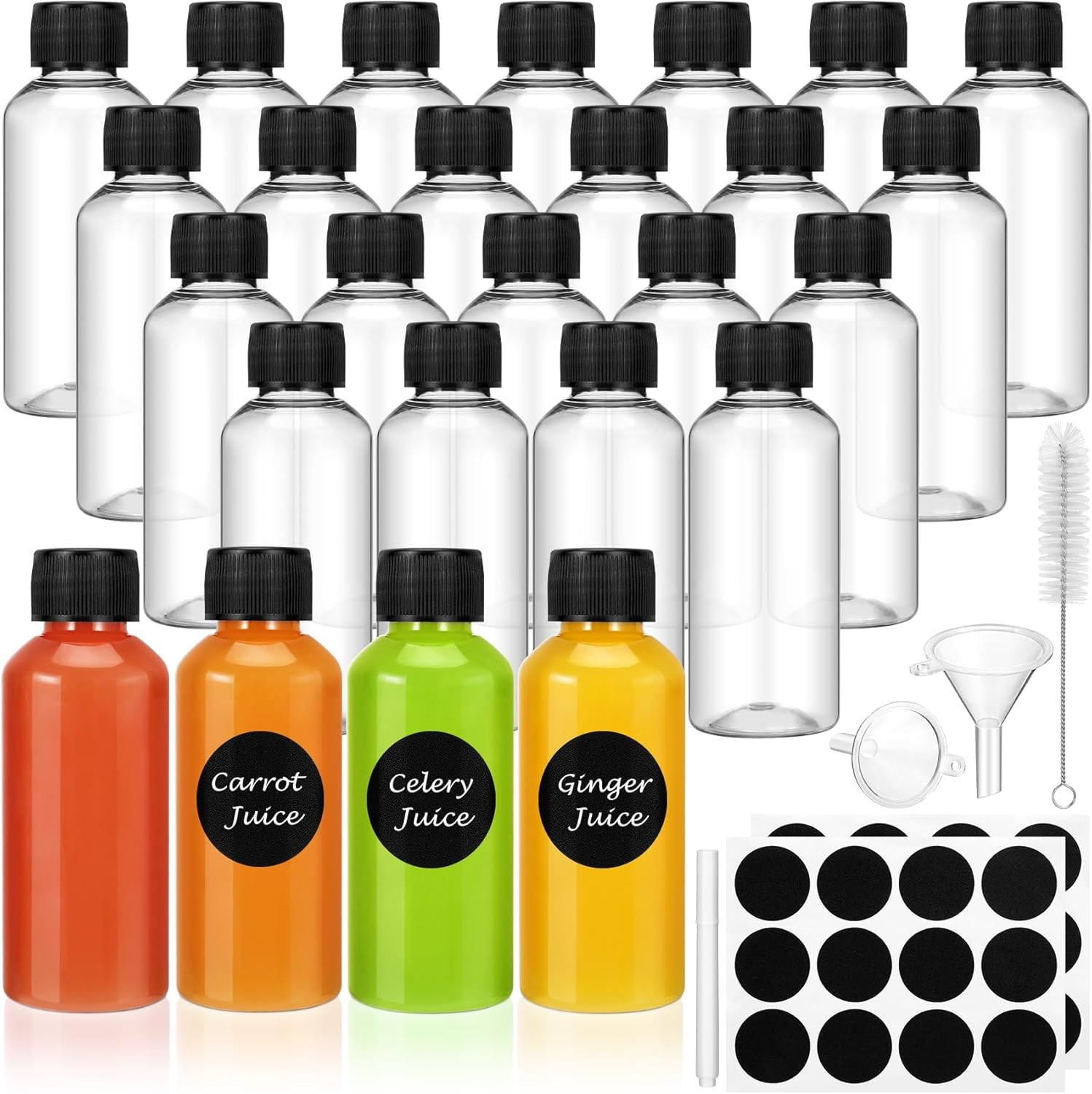 16 Pack 2 Oz Shot Bottles with Caps, Mini Reusable Plastic Ginger Shots Bottle L