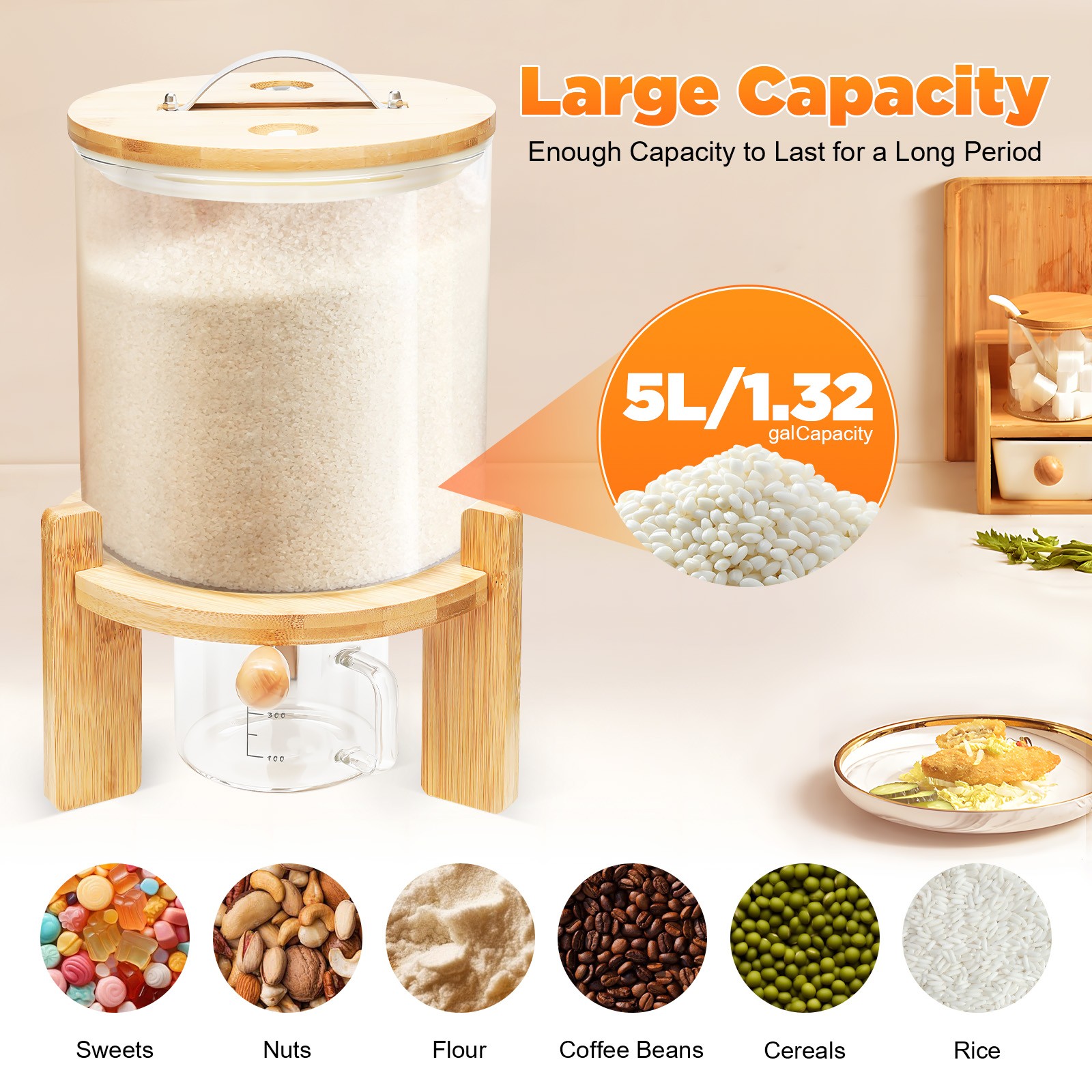 Cereal Dispenser, Vertical Cereal Storage, 5l Large Capacity, Clear Glass Body