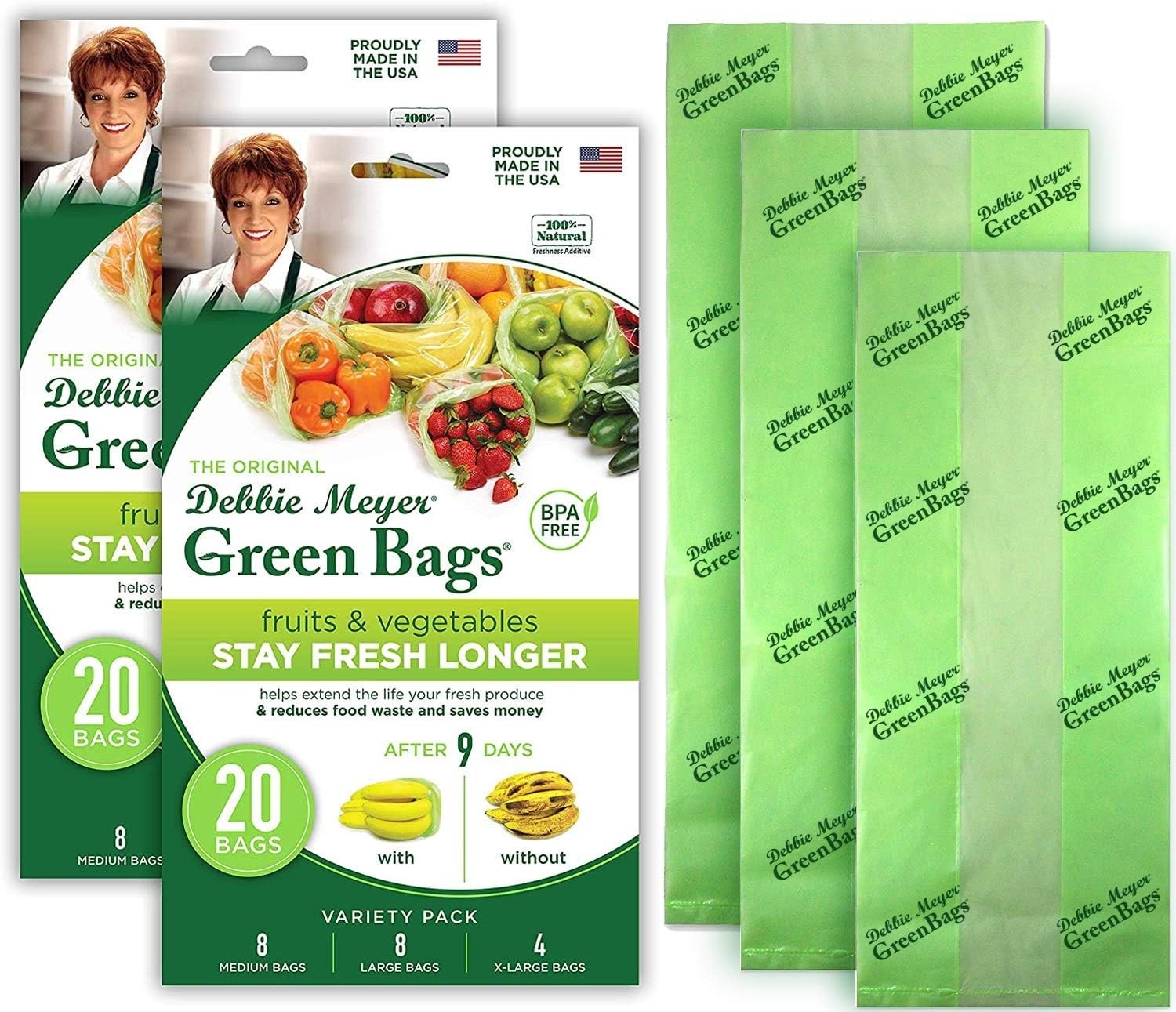 Debbie Meyer Greenbags 40-Pack (16M, 16L, 8XL) – Keeps Fruits, Vegetables, and C