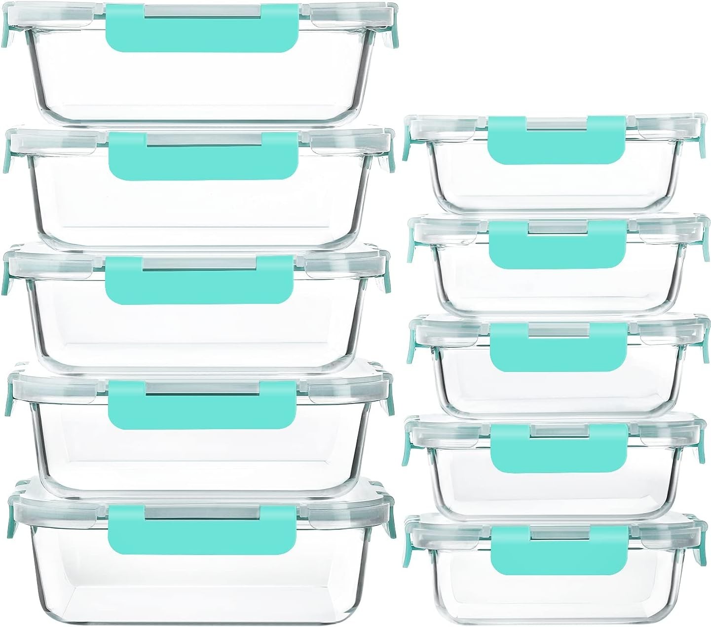 Microwave Safe Glass Containers 10 Pack Meal Prep Food Storage Green Rectangular