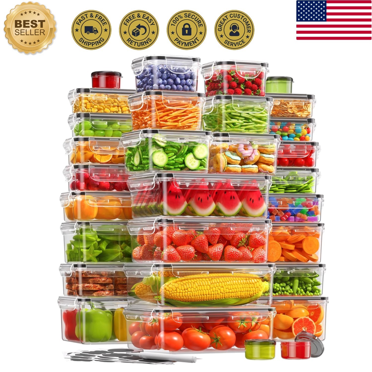 Reusable 60-Pack Food Storage Containers with Lids & Labels – Keep Food Fresh