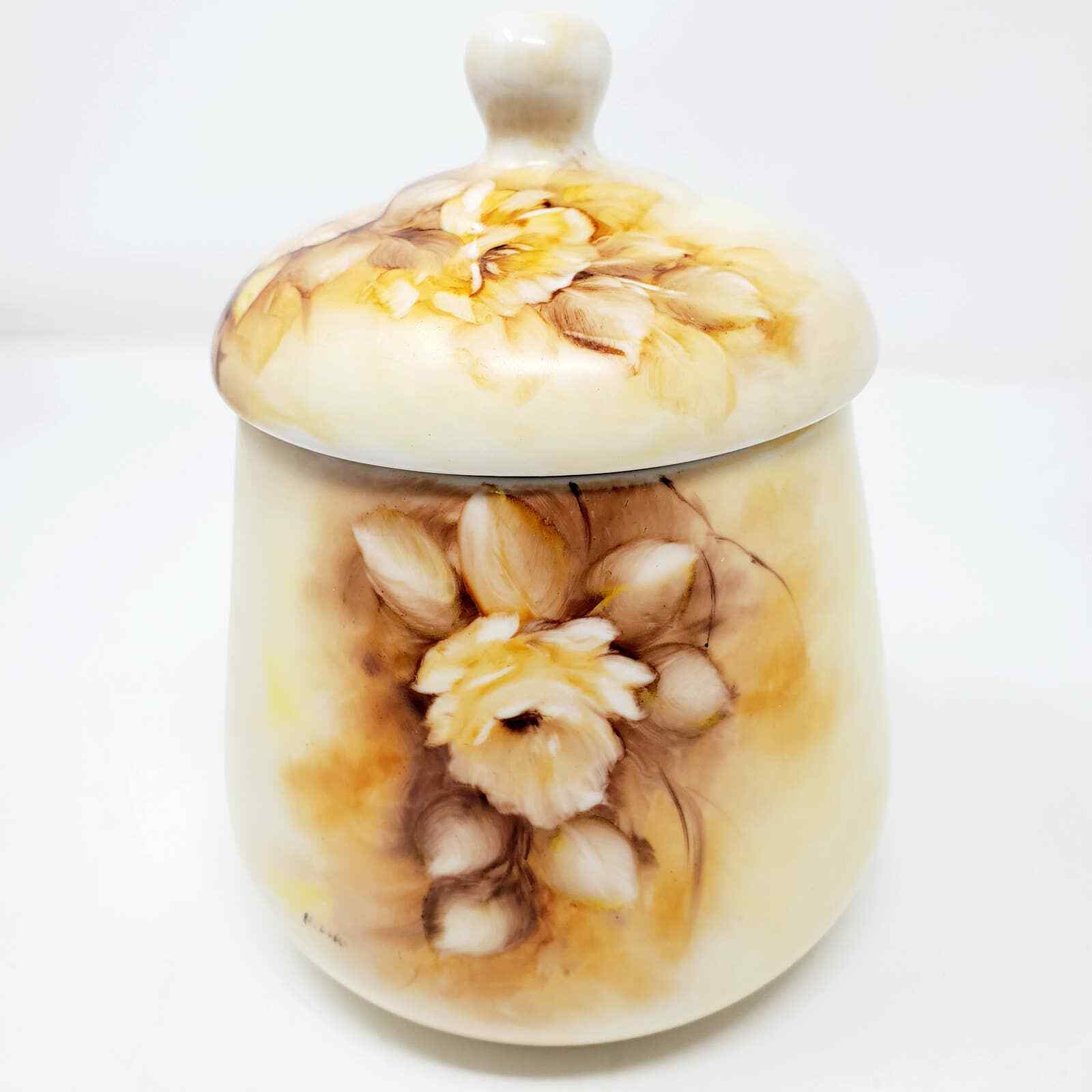 Vintage CSJose Handpainted Signed Floral Cottage Design Ceramic Jar Container
