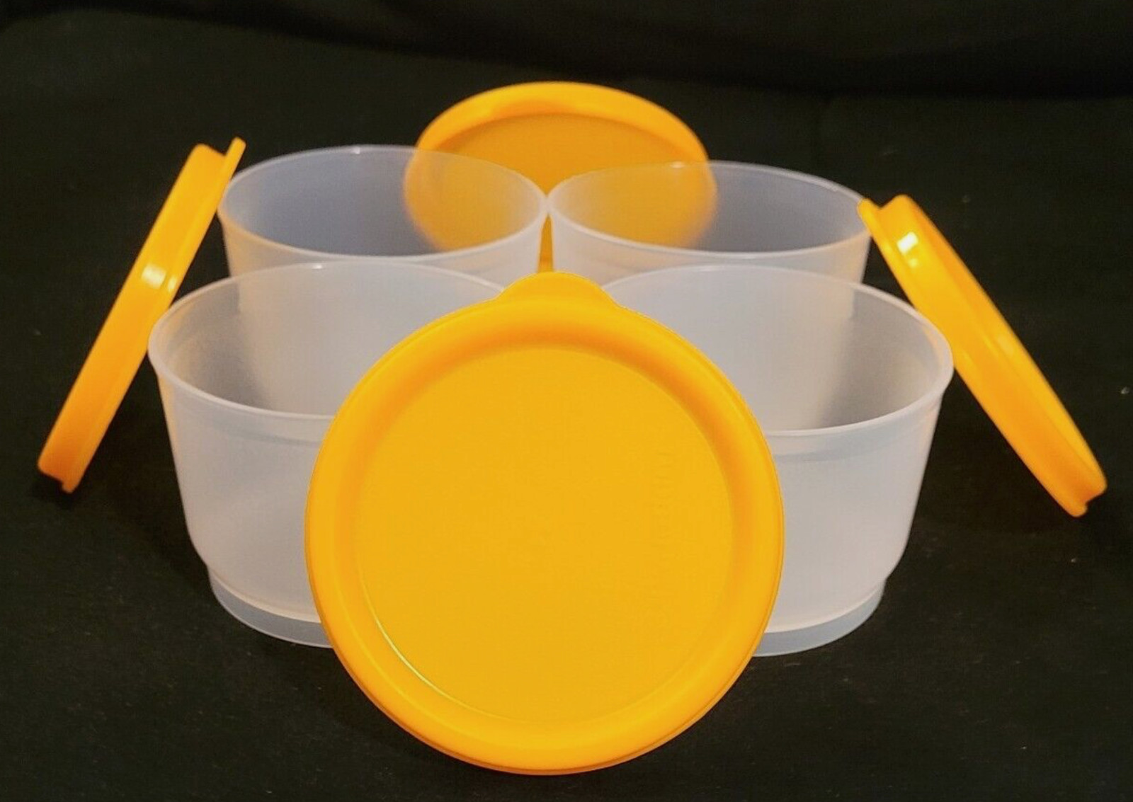 Tupperware Four Clear Snack Cups Papaya Orange Seals Set ~ Lunch on the Go! New