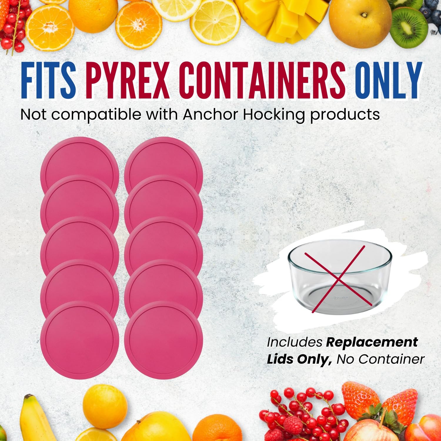 Replacement Lids fits Pyrex 2-Cup Round Glass Cover for 7200-PC Fuscia 10 Pack
