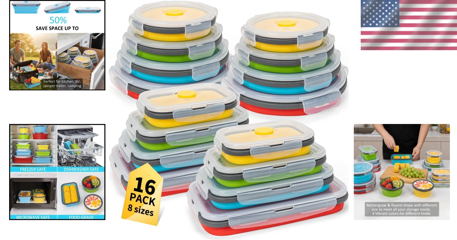 16-Pack Collapsible Silicone Food Storage Containers – Microwave & Freezer Safe