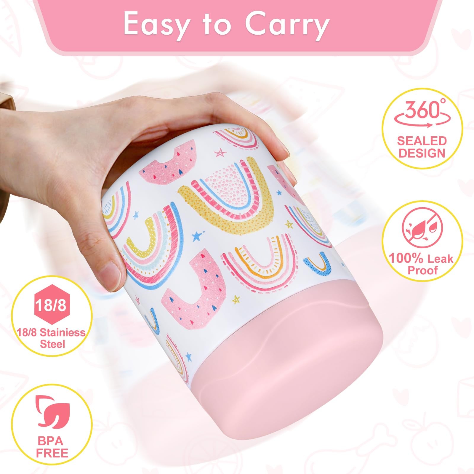 Wide Mouth Thermos 12oz, Leakproof Container, Travel Lunch, Rainbow