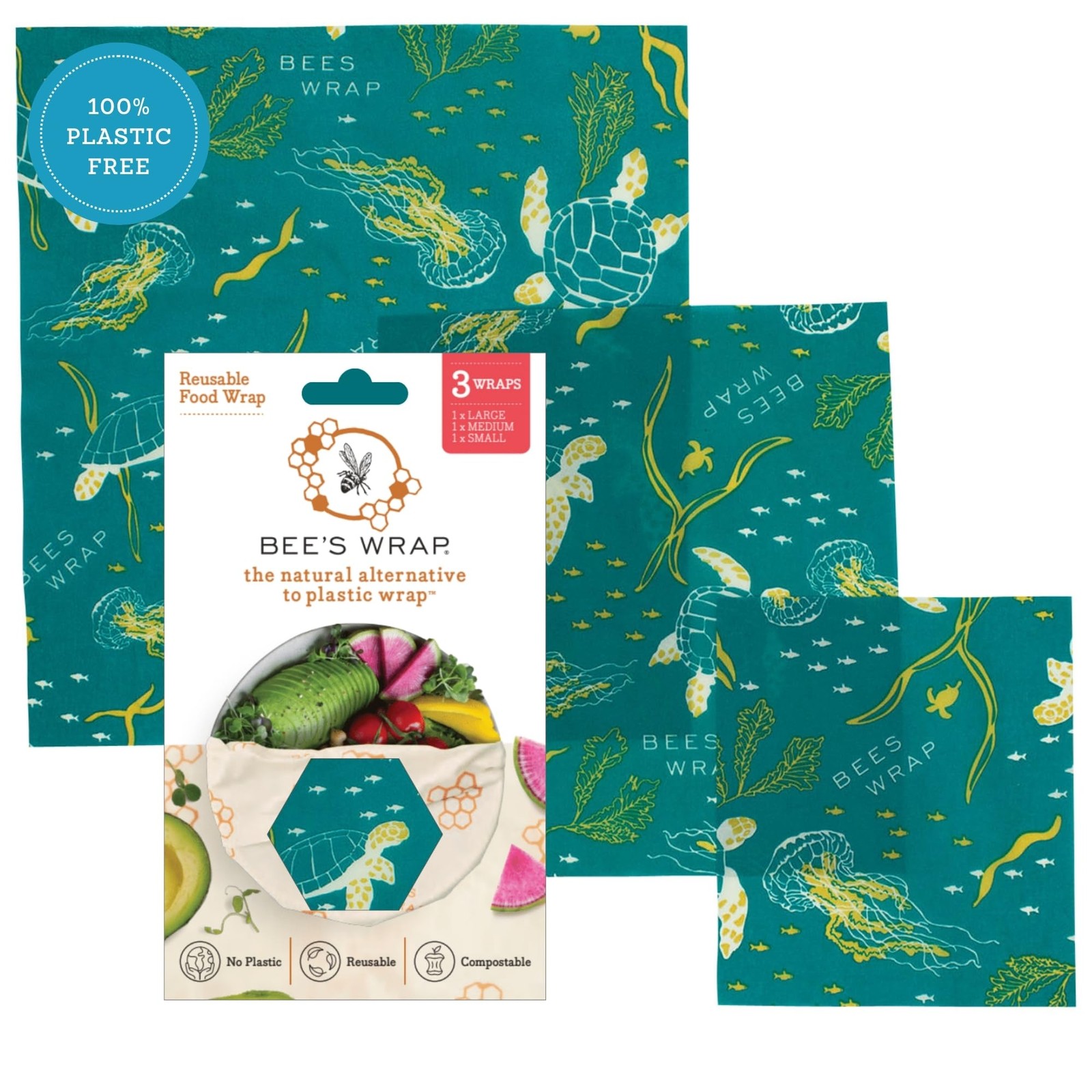 Beeswax Wraps for Food – 3 Pack of Assorted Beeswax Wraps – Small, Medium & L…