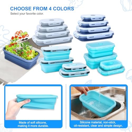 Collapsible Silicone Food Storage Containers 4 Set Airtight Leak Navy blue