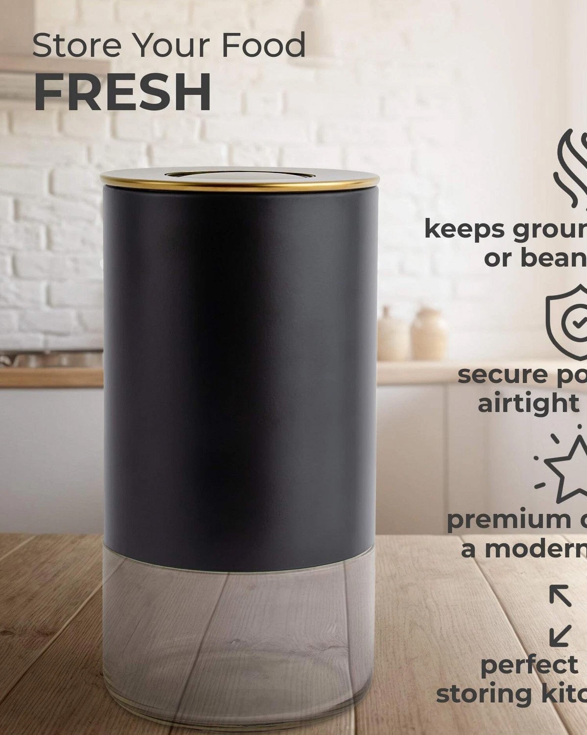 Coffee Food Storage Container Round Black Gold 16 oz Airtight Lid