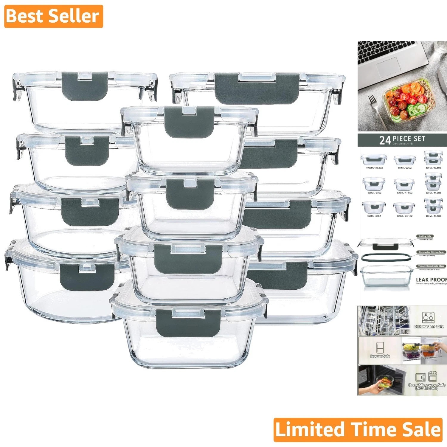Microwave & Dishwasher Safe Glass Food Storage Containers, 24-Piece Set
