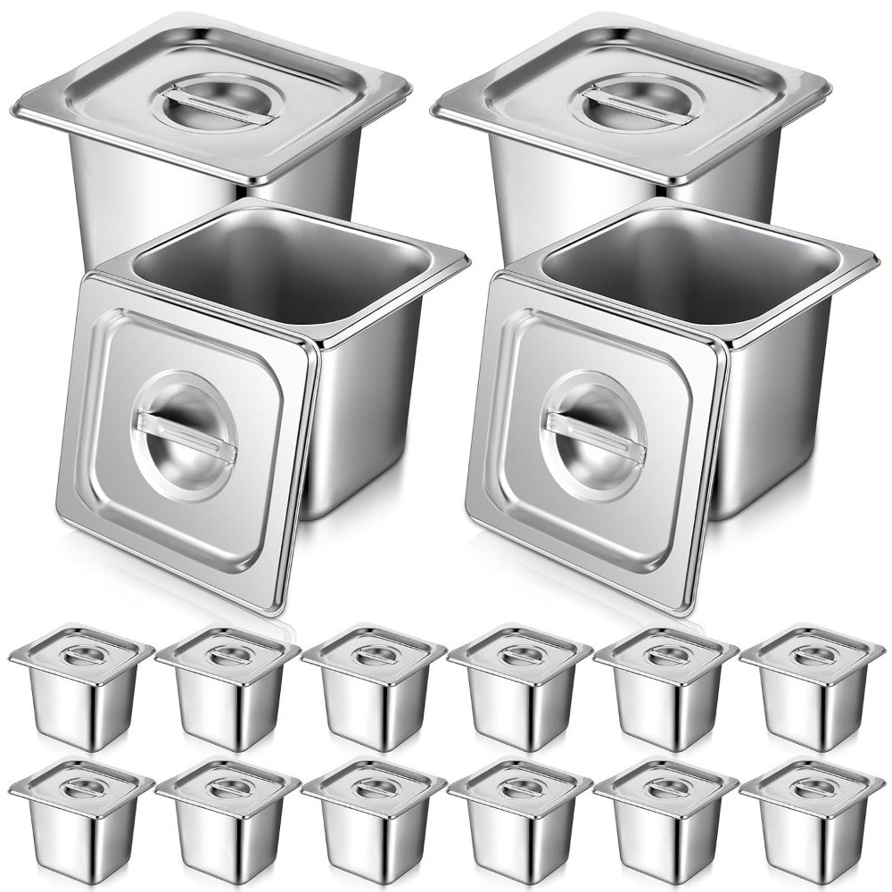 16 Pack 1/6 Size Stainless Steel Steam Table Pans with Lids Set Includes 2 Tongs