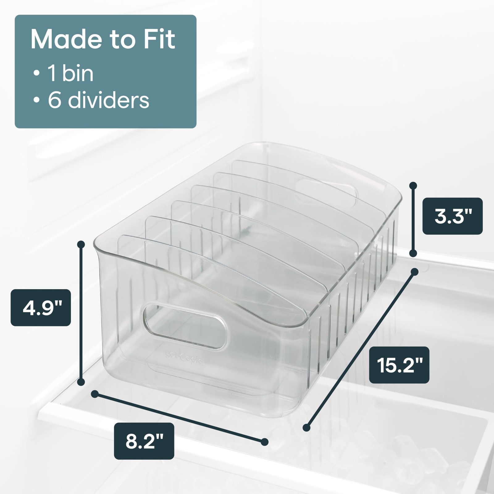 FreezeUp Freezer Bin 15″, BPA-Clear Fridge Organizer with Adjustable Dividers.