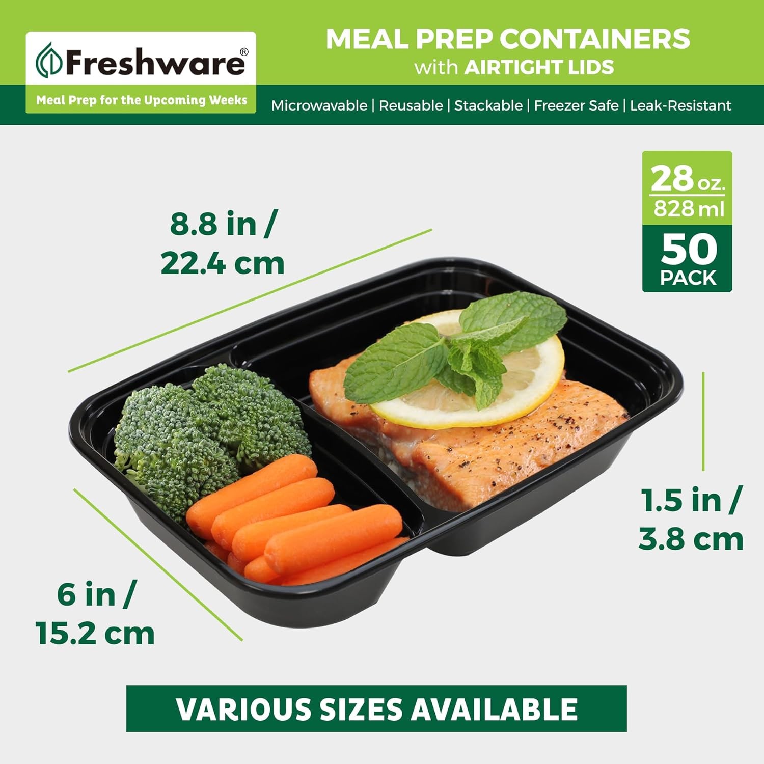 Freshware Meal Prep Containers [50 Pack] 2 Compartment with Lids, Food Storage C