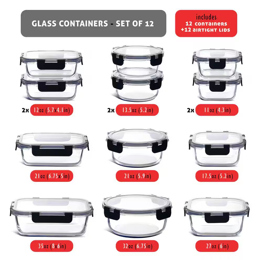 12-Pack Glass Food Storage Containers with Lids