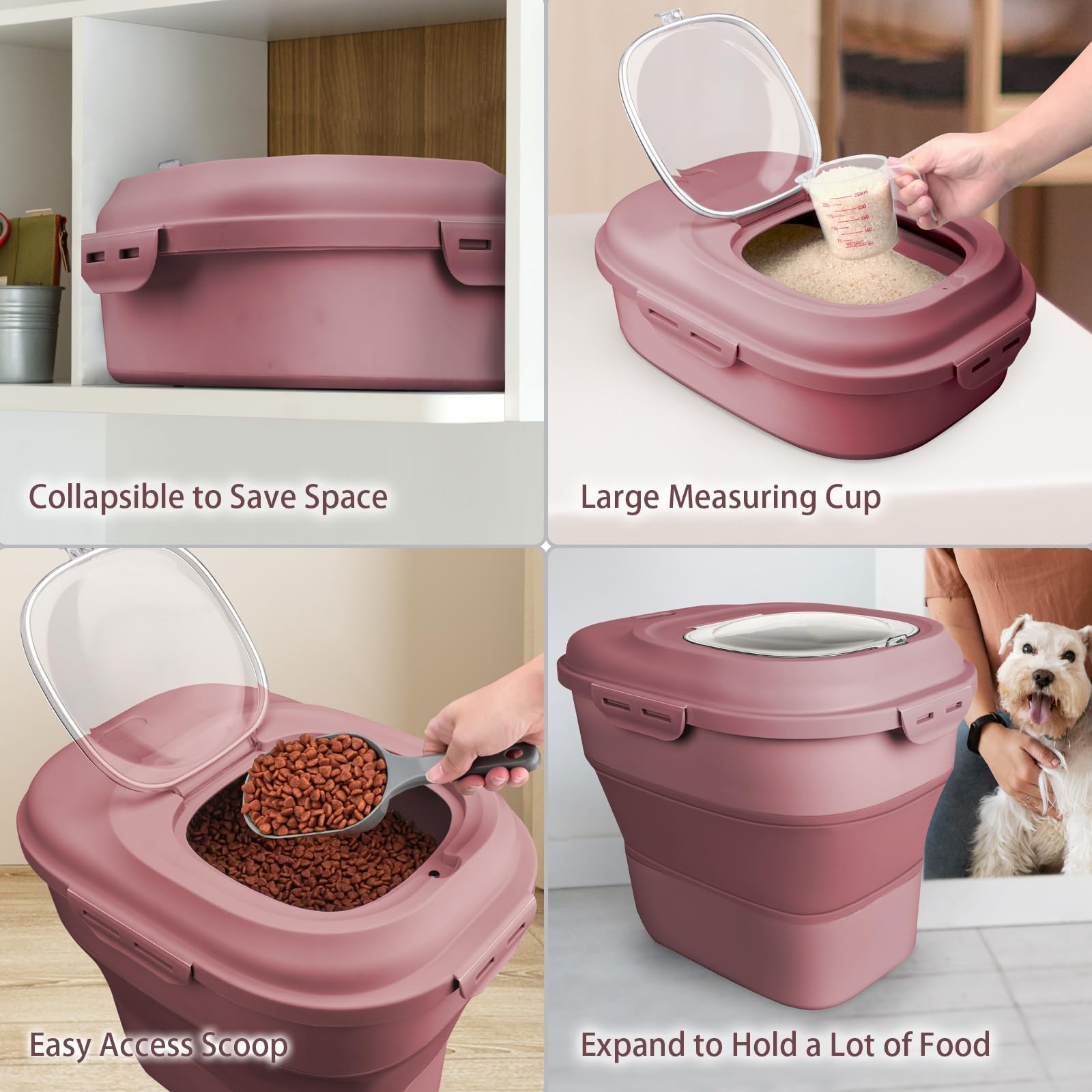 Komzon Rice Storage Bin Cereal Containers, 13-50lb Collapsible Large, Pink